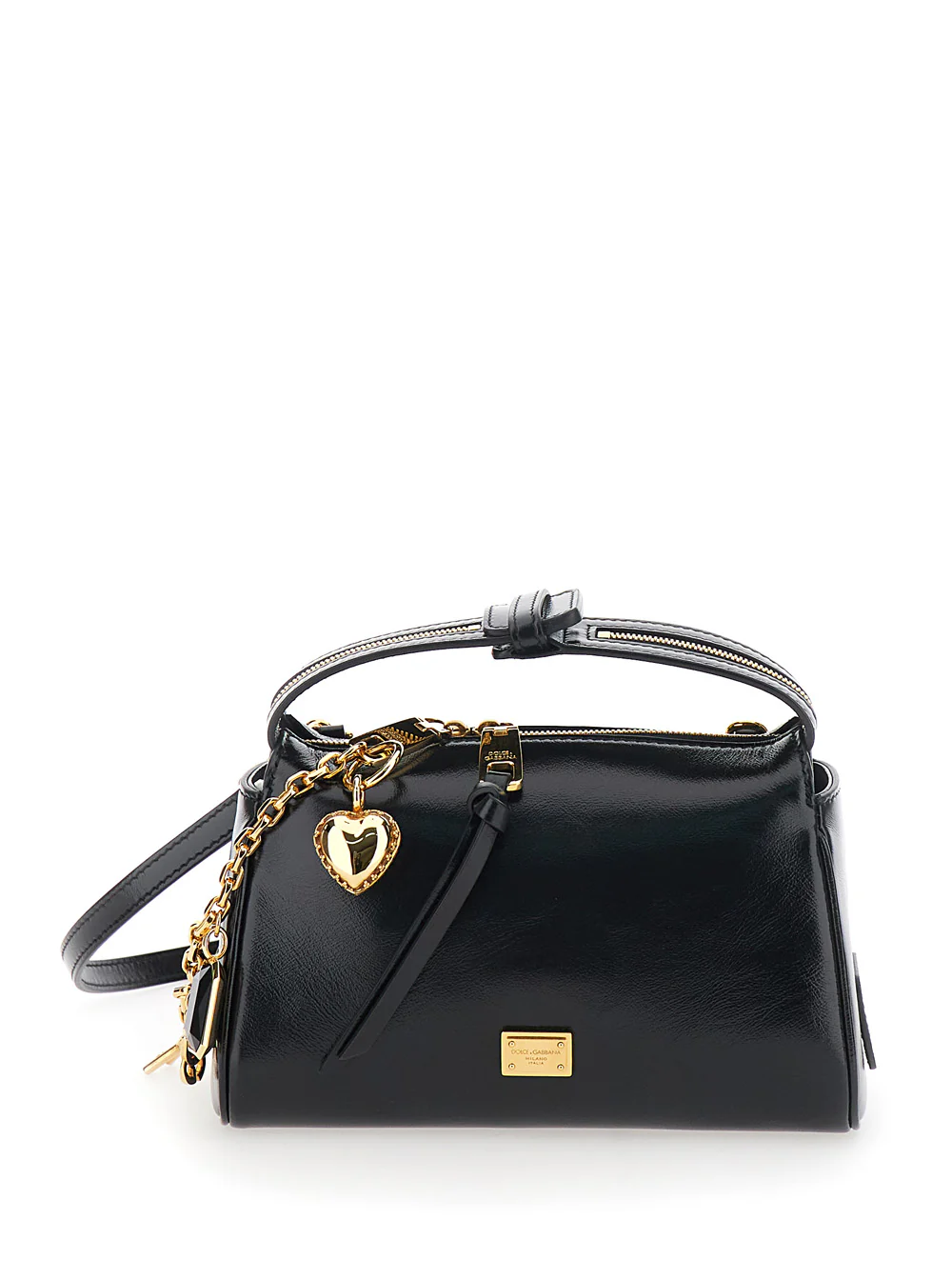 Dolce & Gabbana Vittoria Black Mini Handbag with Pendant Detail on the Front and Adjustable Removable Leather Shoulder Strap for Women Cotton Calf Hand Bags