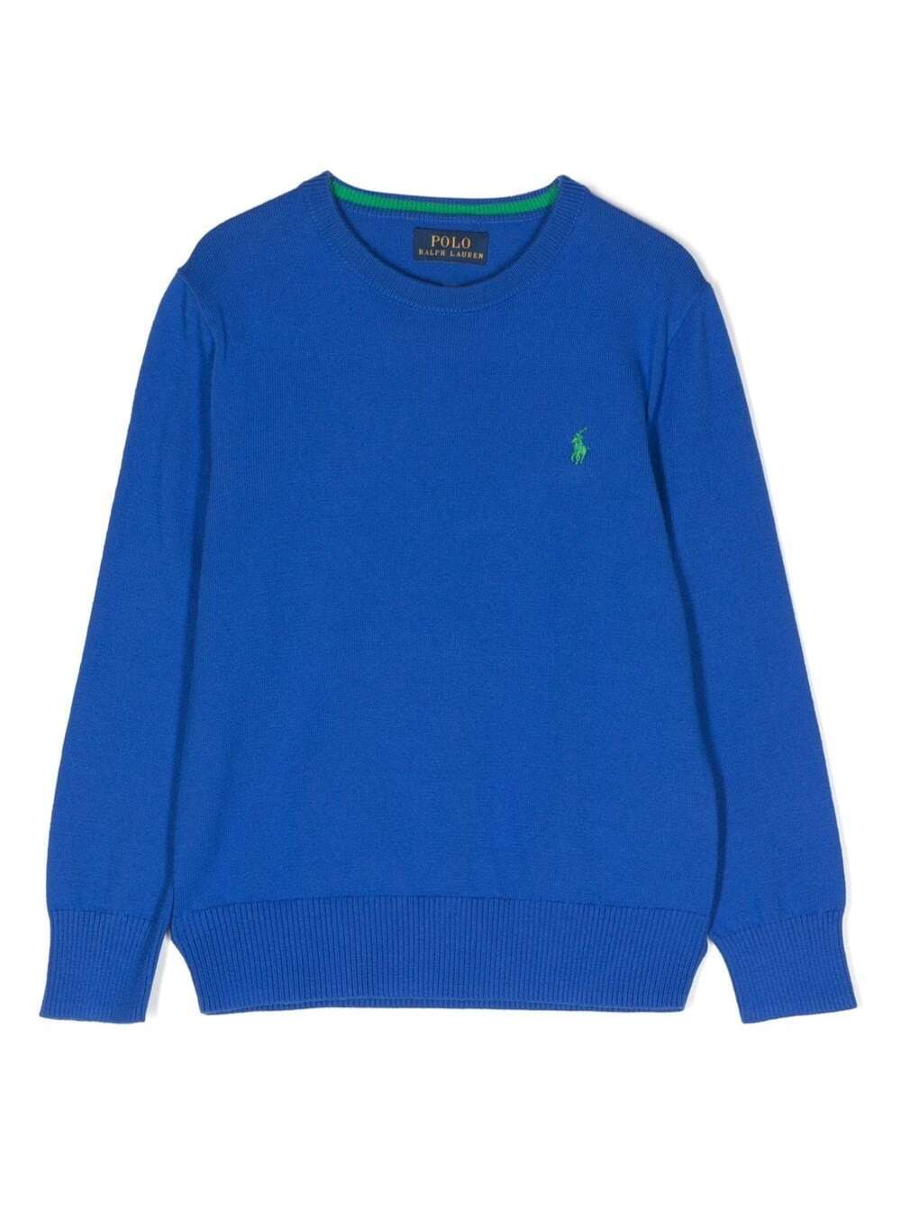 Polo Ralph Lauren Kids Blue Sweater With Logo Embroidery Cotton Boy Blu Jersey