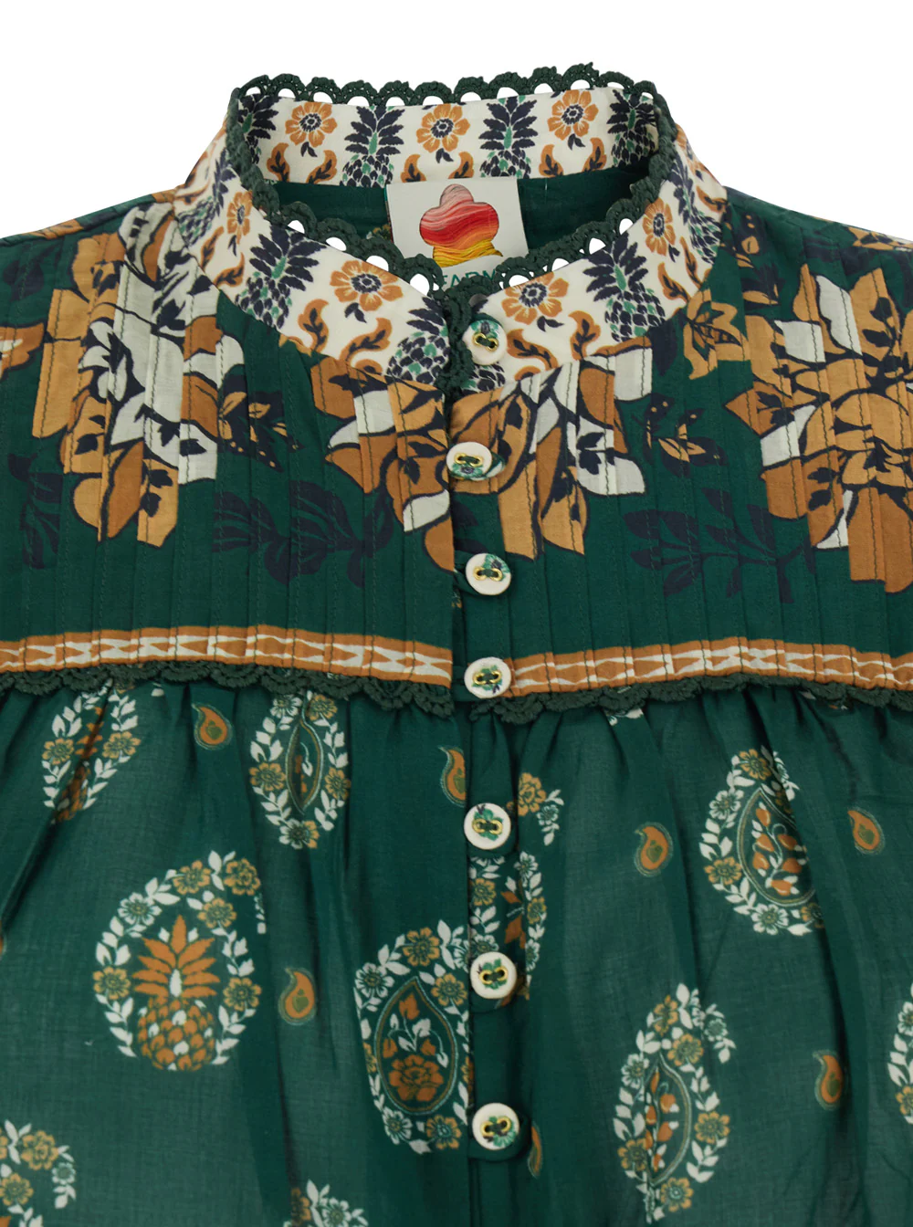 Farm Rio Ayla Dress with Button Cuffs and All-Over Floral Motif in Green Cotton for Women Shirts Blouses