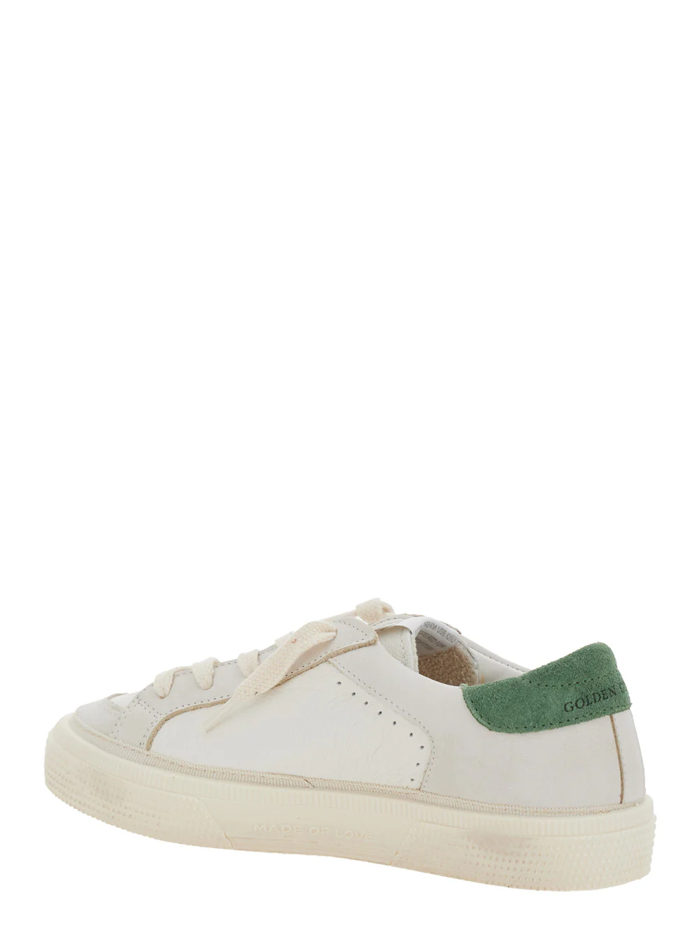 Golden Goose Kids May White Low Top Sneakers with Star Patch on the Side and Contrasting Heel Logo Lettering in Leather Boy Goat Cow