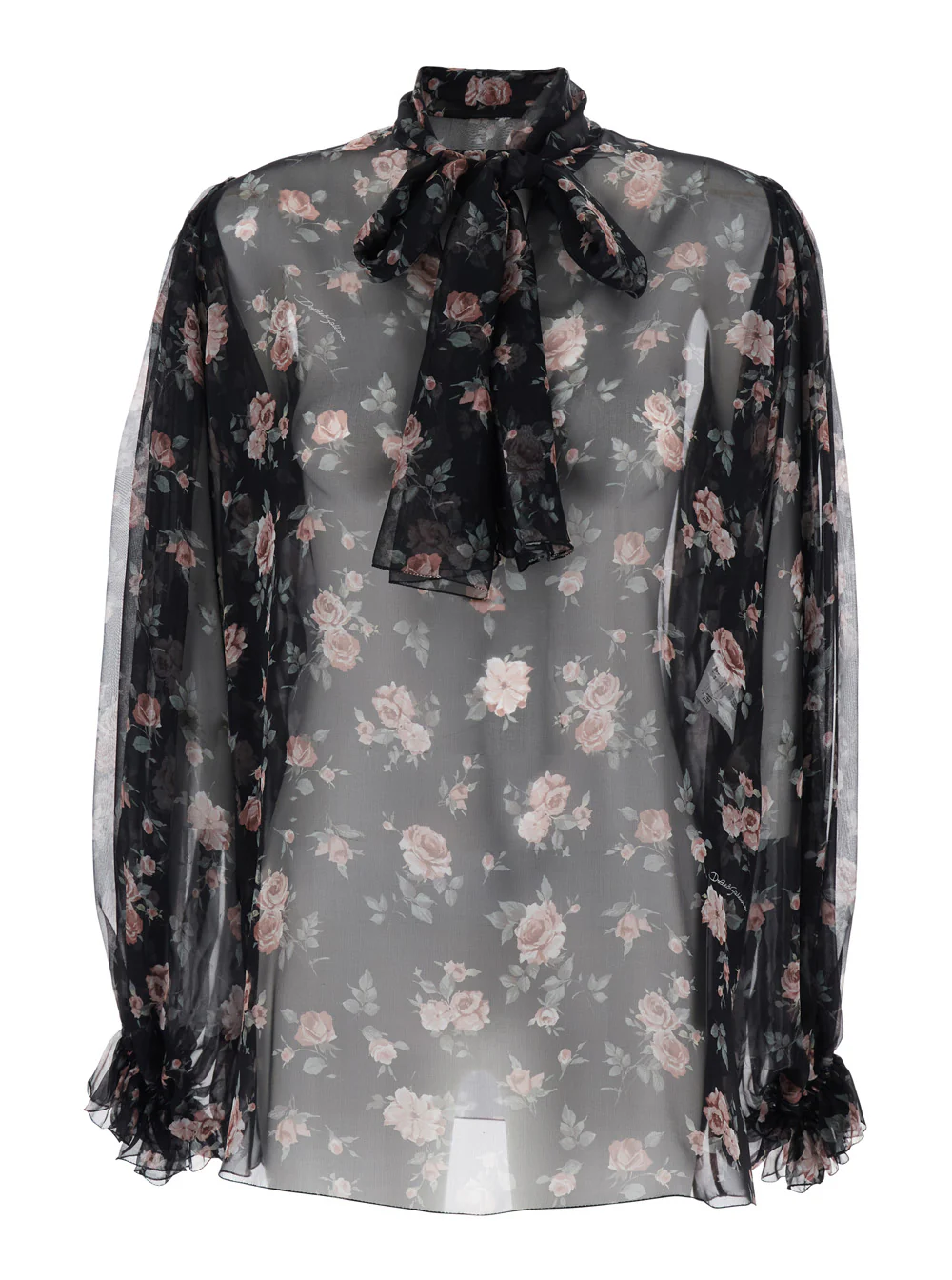 Dolce & Gabbana Black Floral Print Blouse with Front Knot in Chiffon for Women Shirts And Blouses