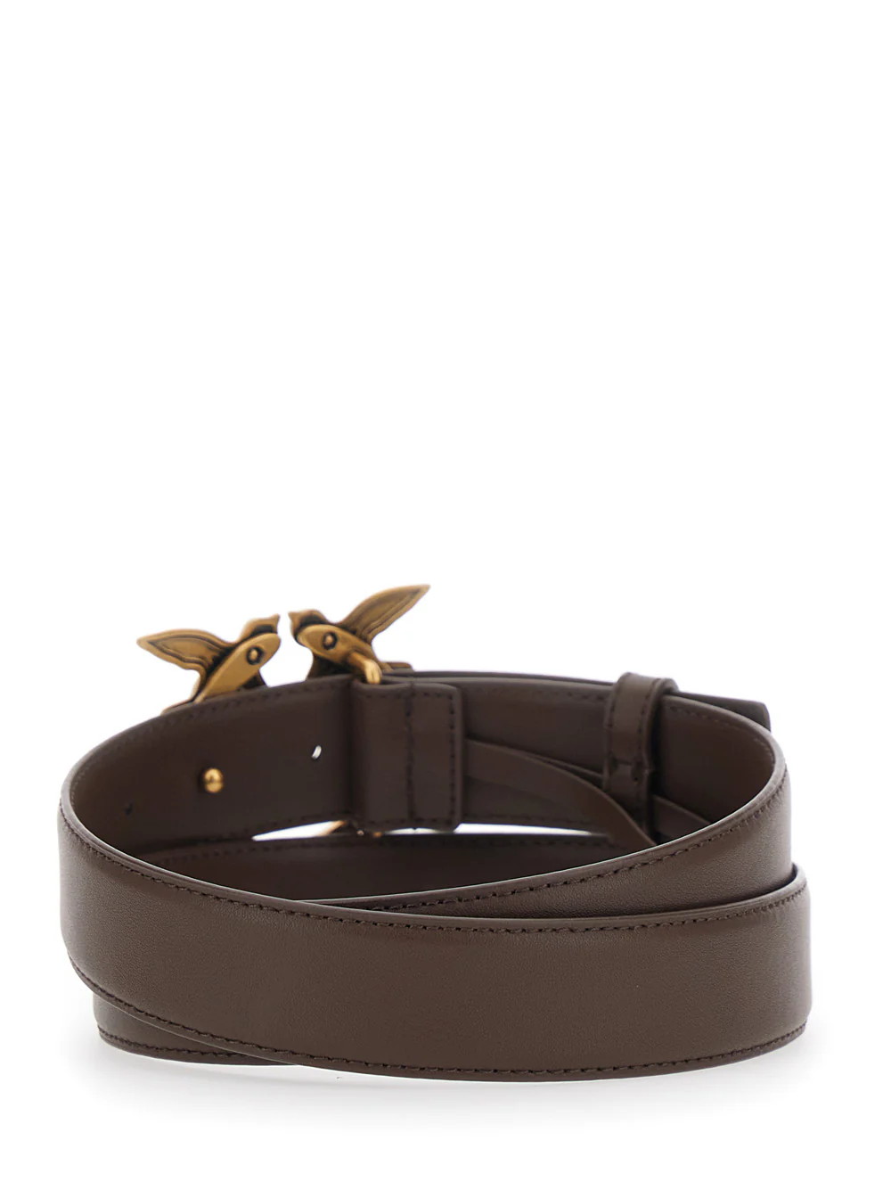 Pinko Brown Leather Love Birds Buckle Belt For Women