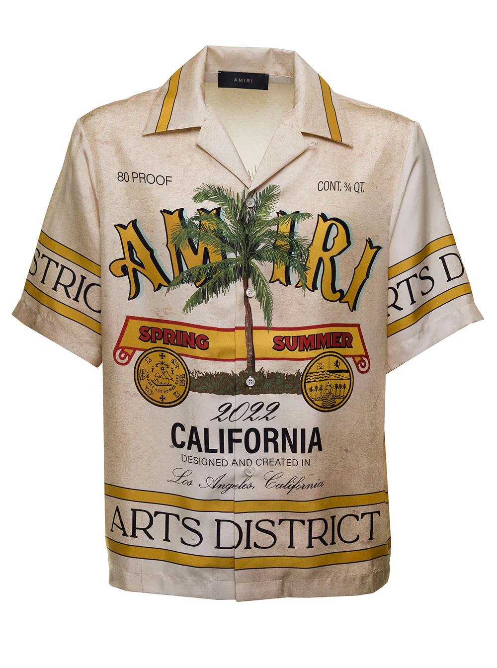 Amiri Mens Rum Label Silk Bowling Shirt Beige And Blouses