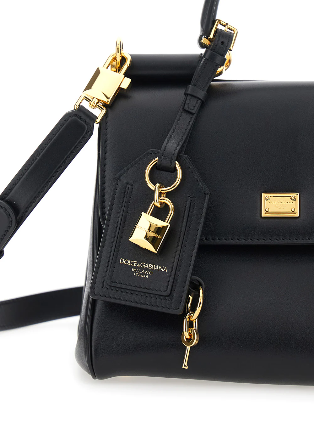 Dolce & Gabbana Black Handbag My Sicily Piccola with Padlock Detail and Adjustable Removable Shoulder In Leather Strap for Women Calf Pvc Hand Bags