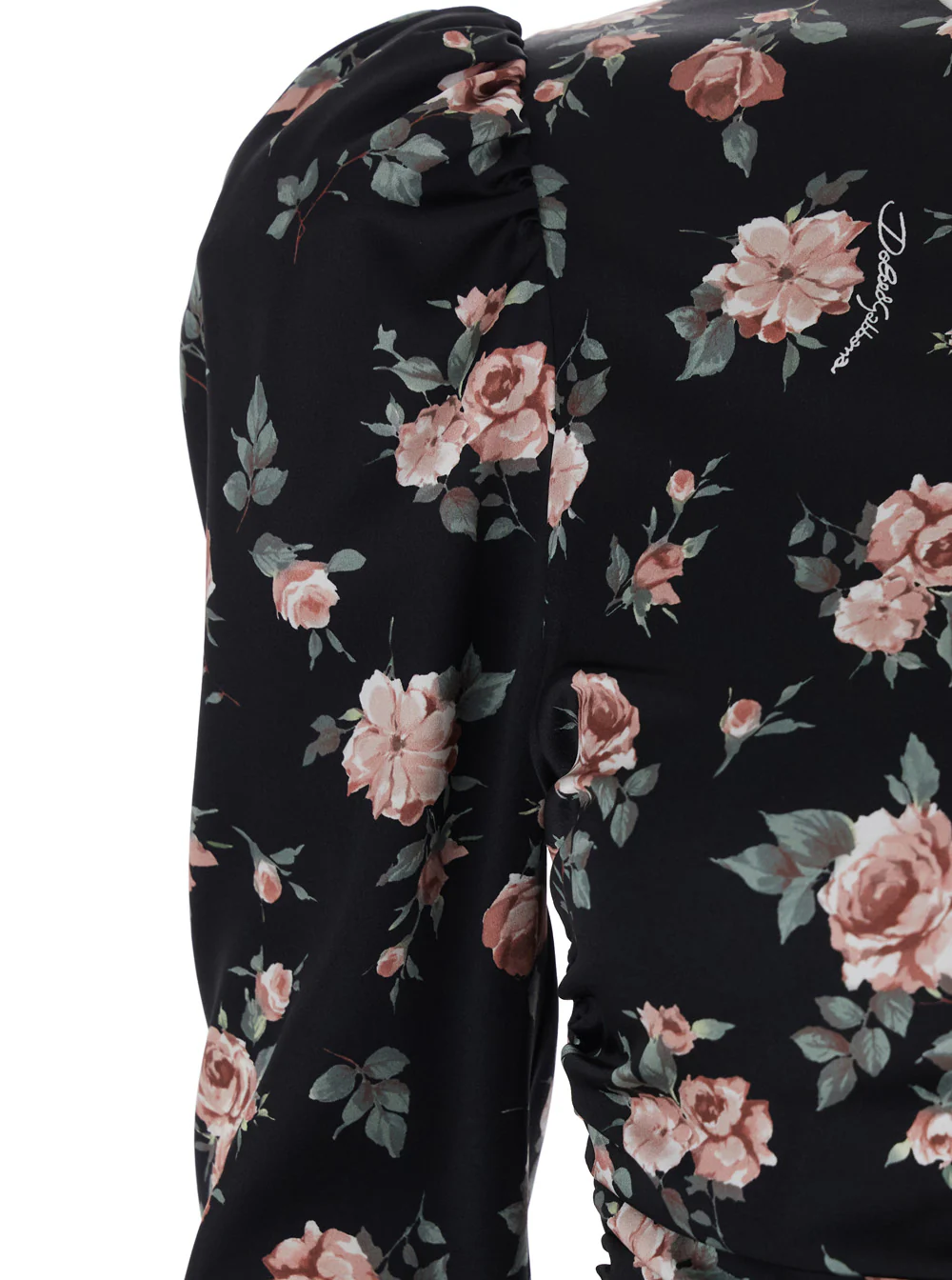 Dolce & Gabbana Black Dress with Floral Print and Side Draping in Silk for Women Elastane