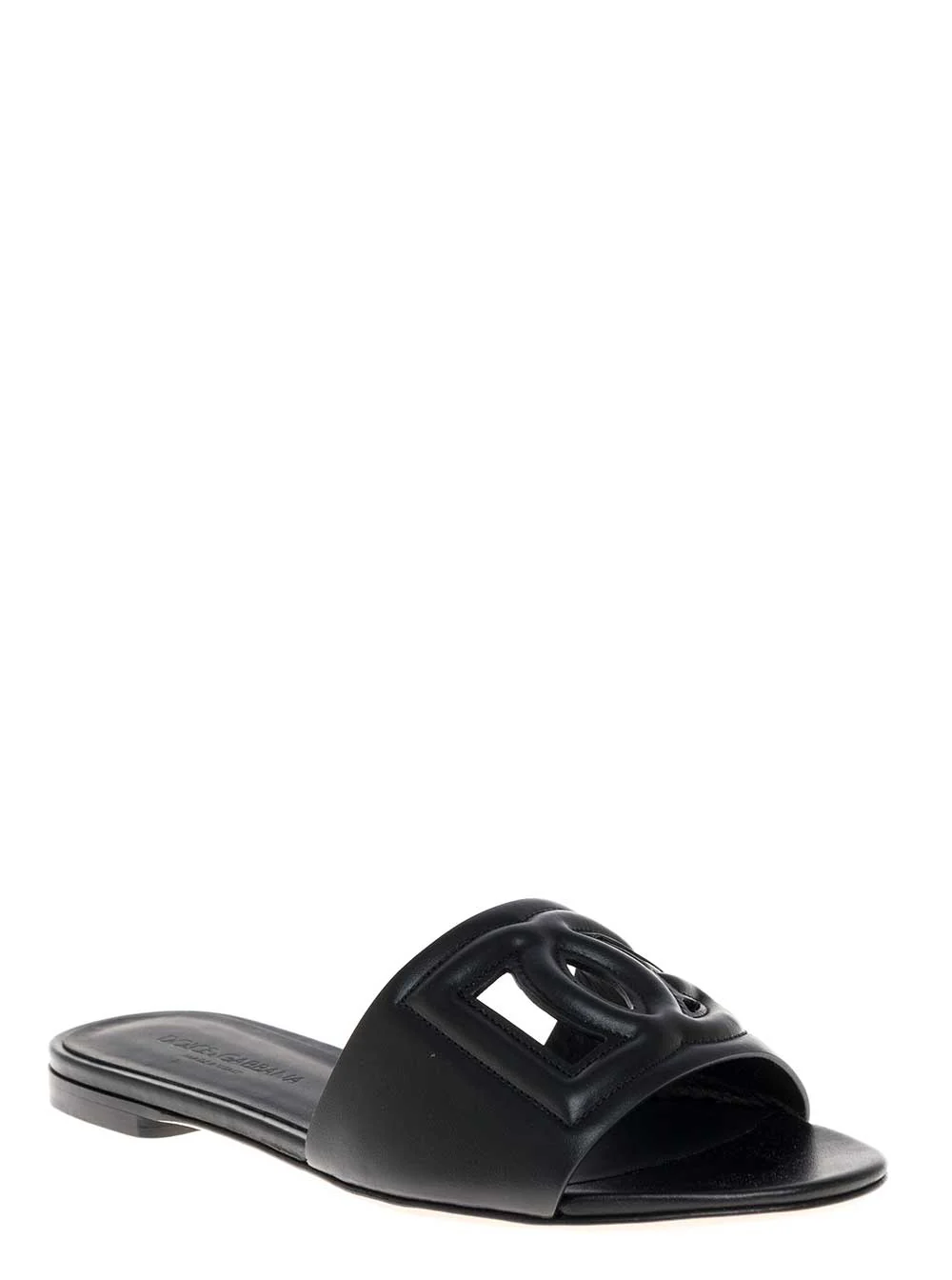 Dolce & Gabbana Black Leather Cut-Out Detail Slip-On Sandals For Women Lamb Calf Flat Shoes