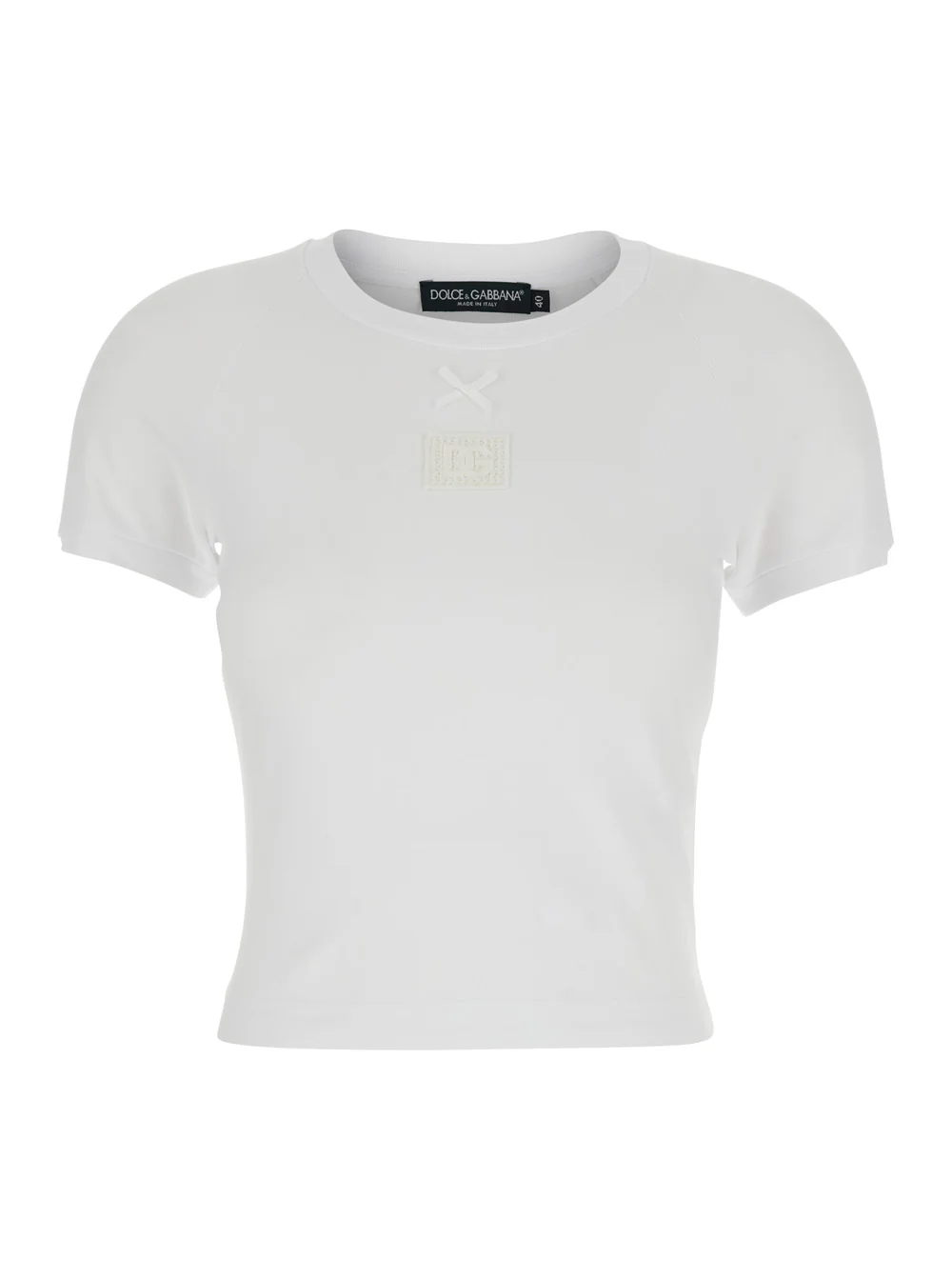 Dolce & Gabbana White Cotton Crew Neck T-Shirt with Bow and Logo on Front for Women Elastane Tshirts Polo Shirts