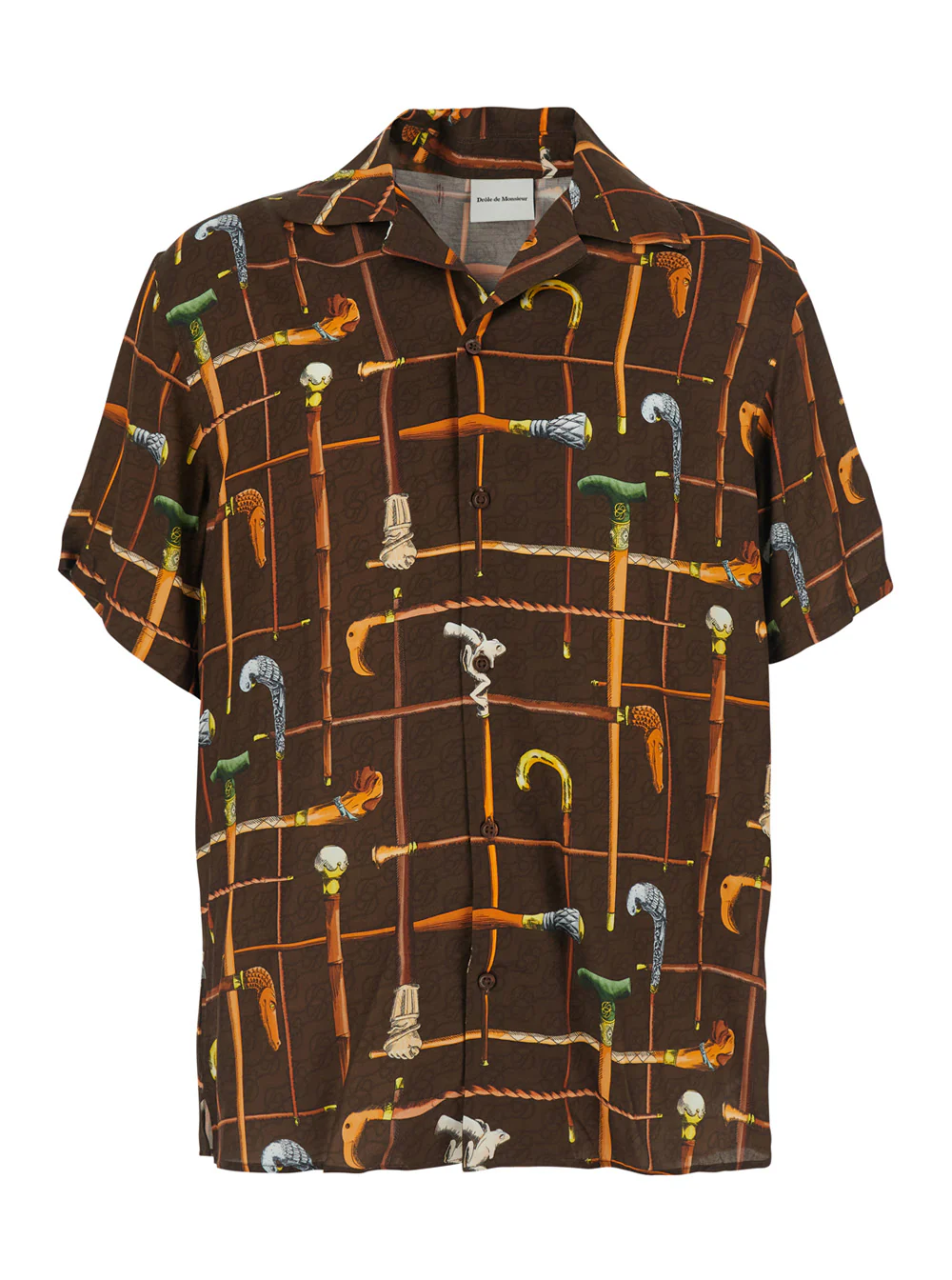 DrôLe De Monsieur La Chemise Cannes Brown Bowling Shirt With Cuban Collar And All-Over Print Viscose For Men Blouses