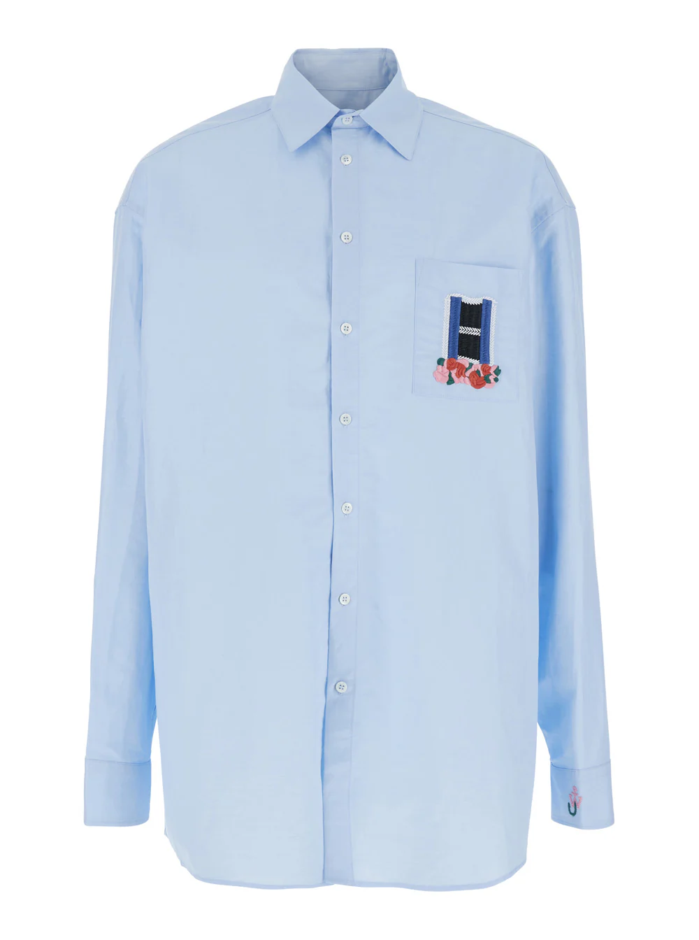 JW Anderson Light Blue Shirt with Classic Collar and Embroidery Detail on Front Cuff in Linen Cotton Blend Man Blouses