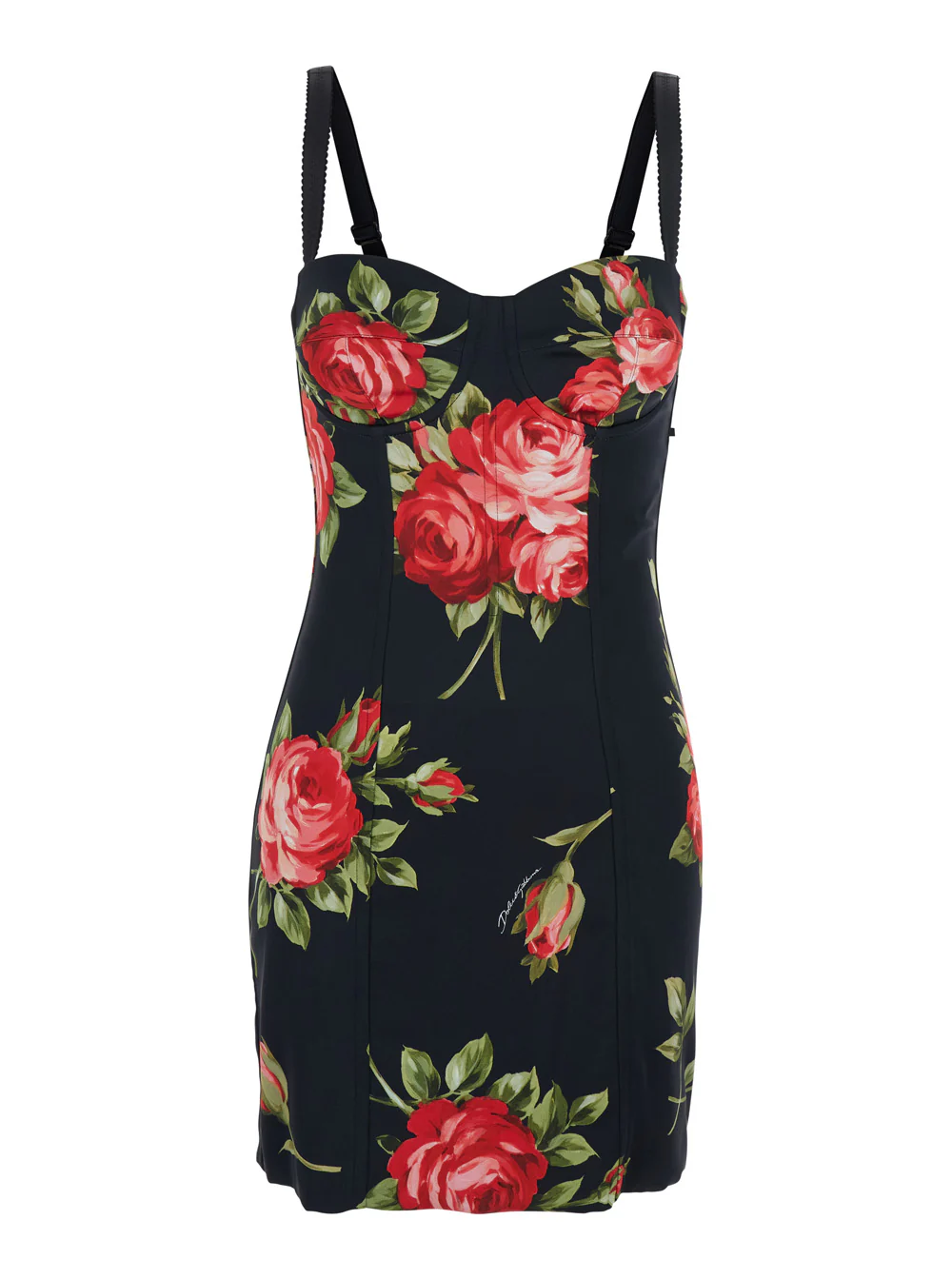 Dolce & Gabbana Black Short Dress with Floral Print in Viscose Woman Elastane Silk