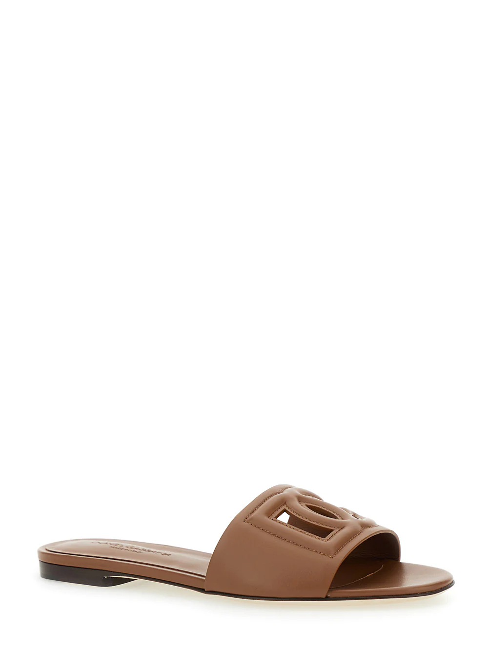 Dolce & Gabbana Brown Leather Cut Out Logo Slide Sandal Cq0436 For Women Lamb Calf Flat Shoes
