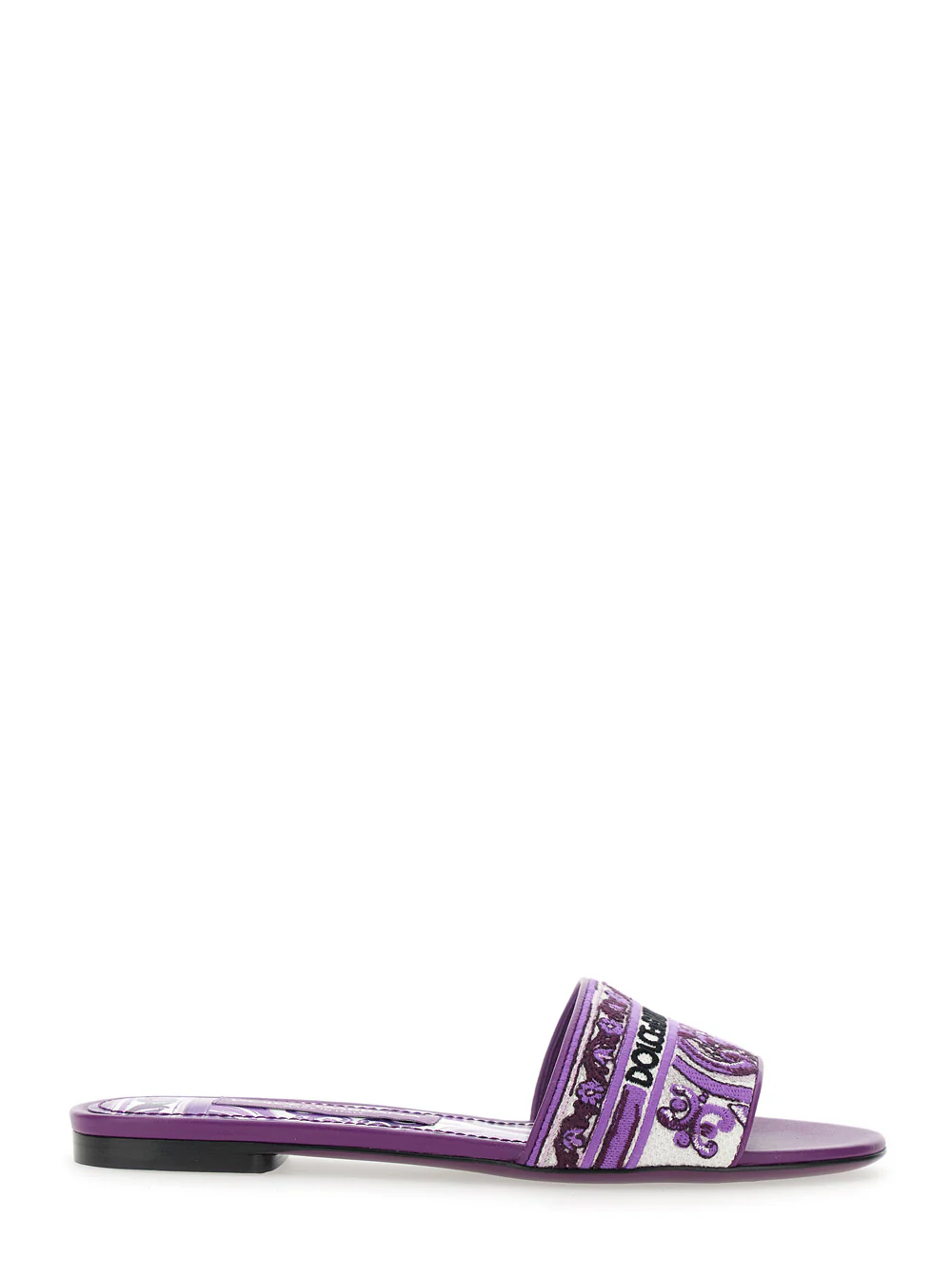 Dolce & Gabbana Violet Sandals with Logo Embroidery on the Front and All-Over Majolica Motif in Cotton Blend Woman Lamb Flat Shoes
