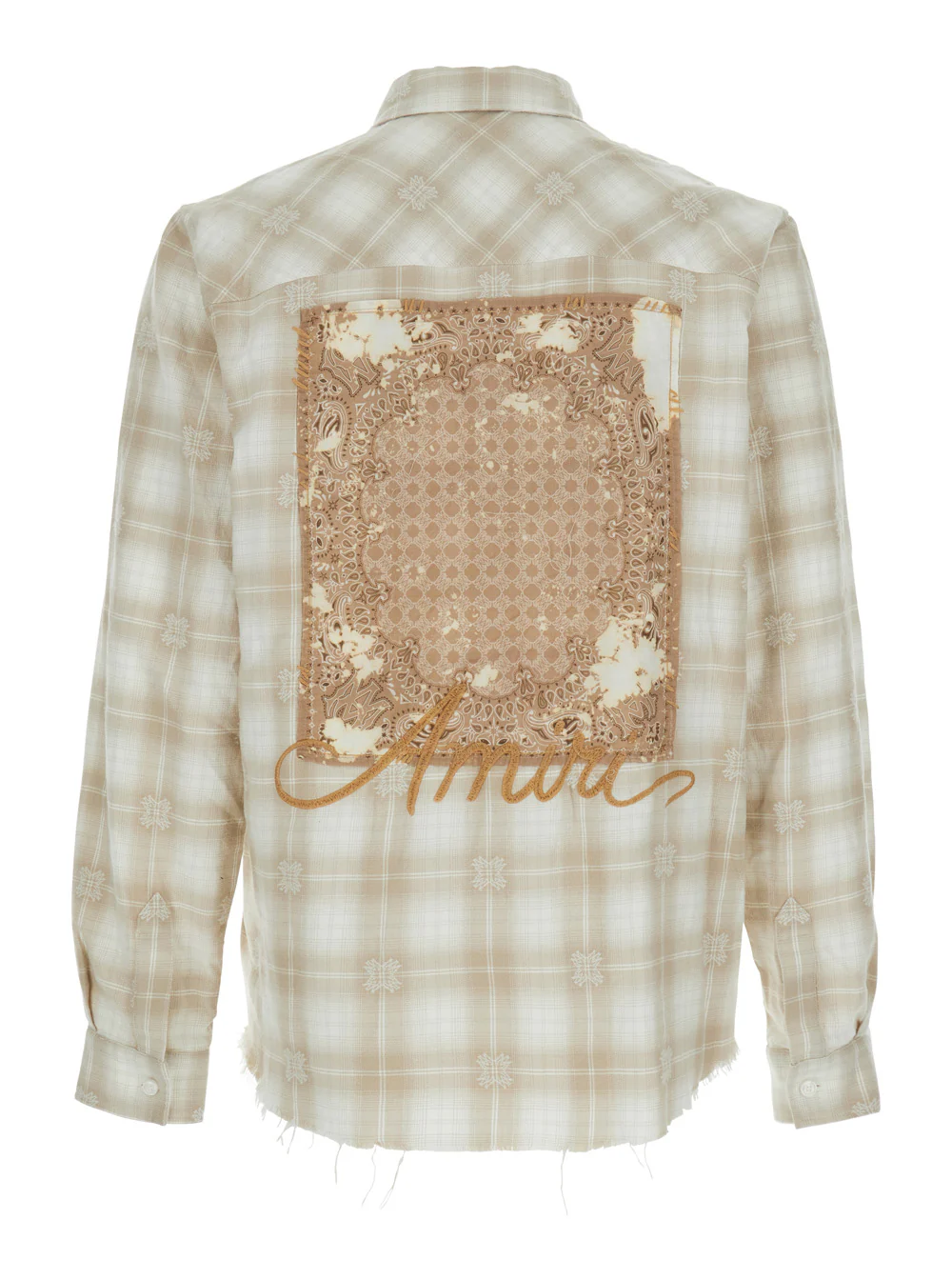Amiri Beige Shirt with Check Pattern and Lettering Logo on Front Backin Flannel Man Cotton Blouses
