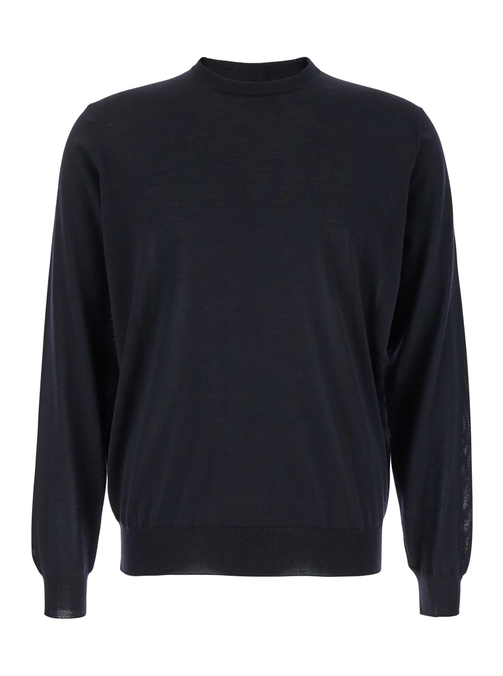 Plain Blue Crewneck Sweater with Ribbed Trims in Wool Man Blu Virgin Jersey
