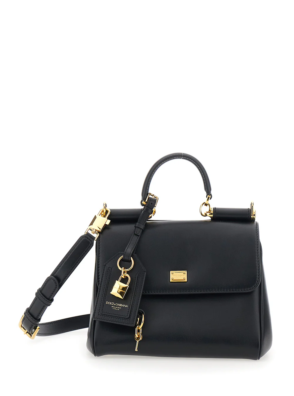 Dolce & Gabbana Black Handbag My Sicily Piccola with Padlock Detail and Adjustable Removable Shoulder In Leather Strap for Women Calf Pvc Hand Bags