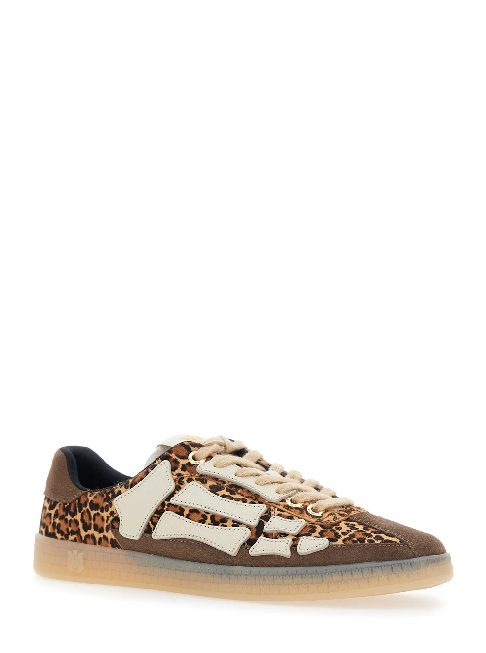 Amiri Pacific Bones Brown Low Top Sneakers with Logo Patch on the Tongue and Leopard Motif in Suede for Men Cow