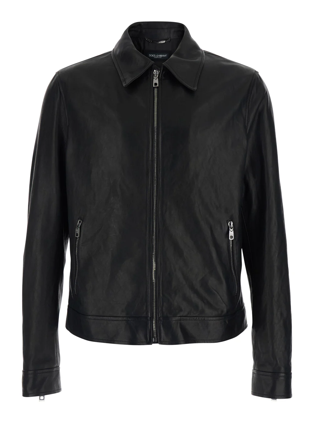Dolce & Gabbana Black Jacket with classic collar and logo patch on the back in leather for men Viscose Outerwear