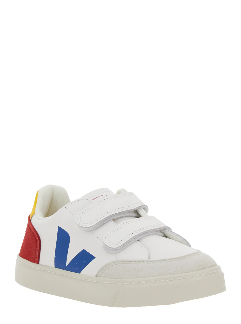 Veja Kids V-12 White Low Top Sneakers with Logo Patch on the Side and Contrasting Heel Lettering in Leather Boy