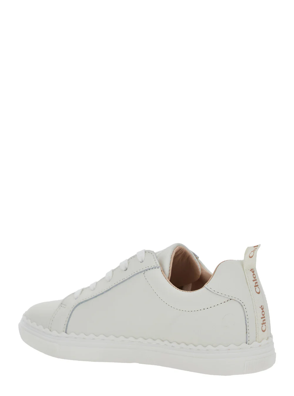 Chloé Kids White Low Top Sneakers with Embossed Logo Lettering on the Tongue and Pull-Tab Heel in Leather Girl Calf