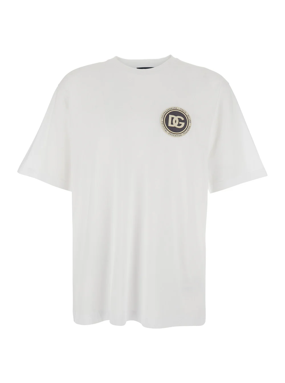 Dolce & Gabbana White Crew Neck T-Shirt with Logo Embroidery on the Front in Cotton for Men Tshirts And Polo Shirts