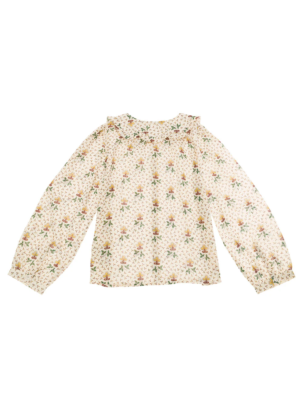 Emile Et Ida Kids Beige Shirt With Peter-Pan Collar And Floreal Print Cotton Girl Blouses
