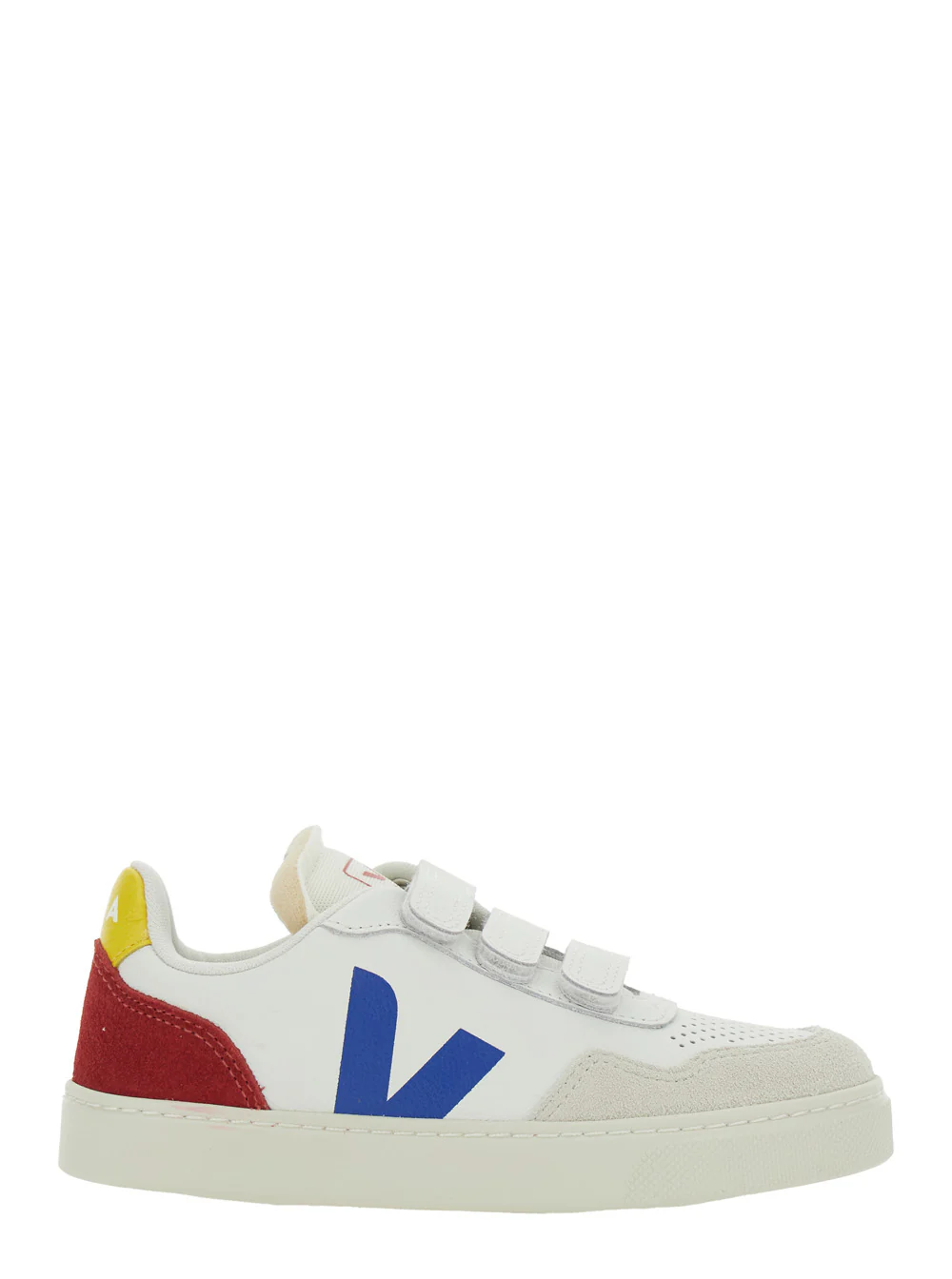 Veja Kids Sneaker V-90 Low Top with Logo Patch on the Side and Contrasting Heel Leather Lettering for Kids White Organic Traced