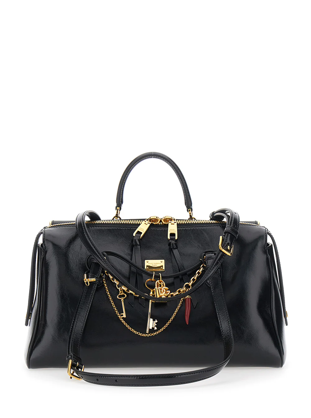 Dolce & Gabbana Black Shoulder Bag Vittoria with Chain Detail and Charm on Front in Leather for Women Cotton Calf
