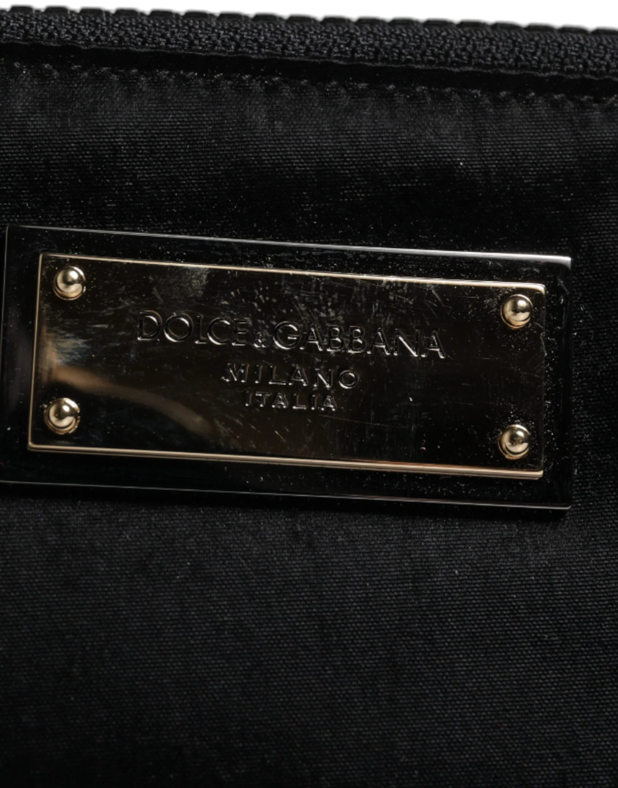 Dolce & Gabbana Black Nylon Logo Plaque Keyring Pouch Clutch Bag Leather