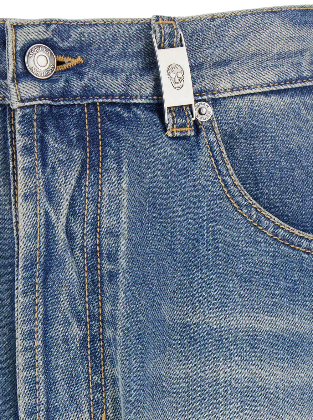 Alexander McQueen Blue High Waisted Jeans with Logo Detail on the Loop and Patch Rear in Denim Man Blu Cotton