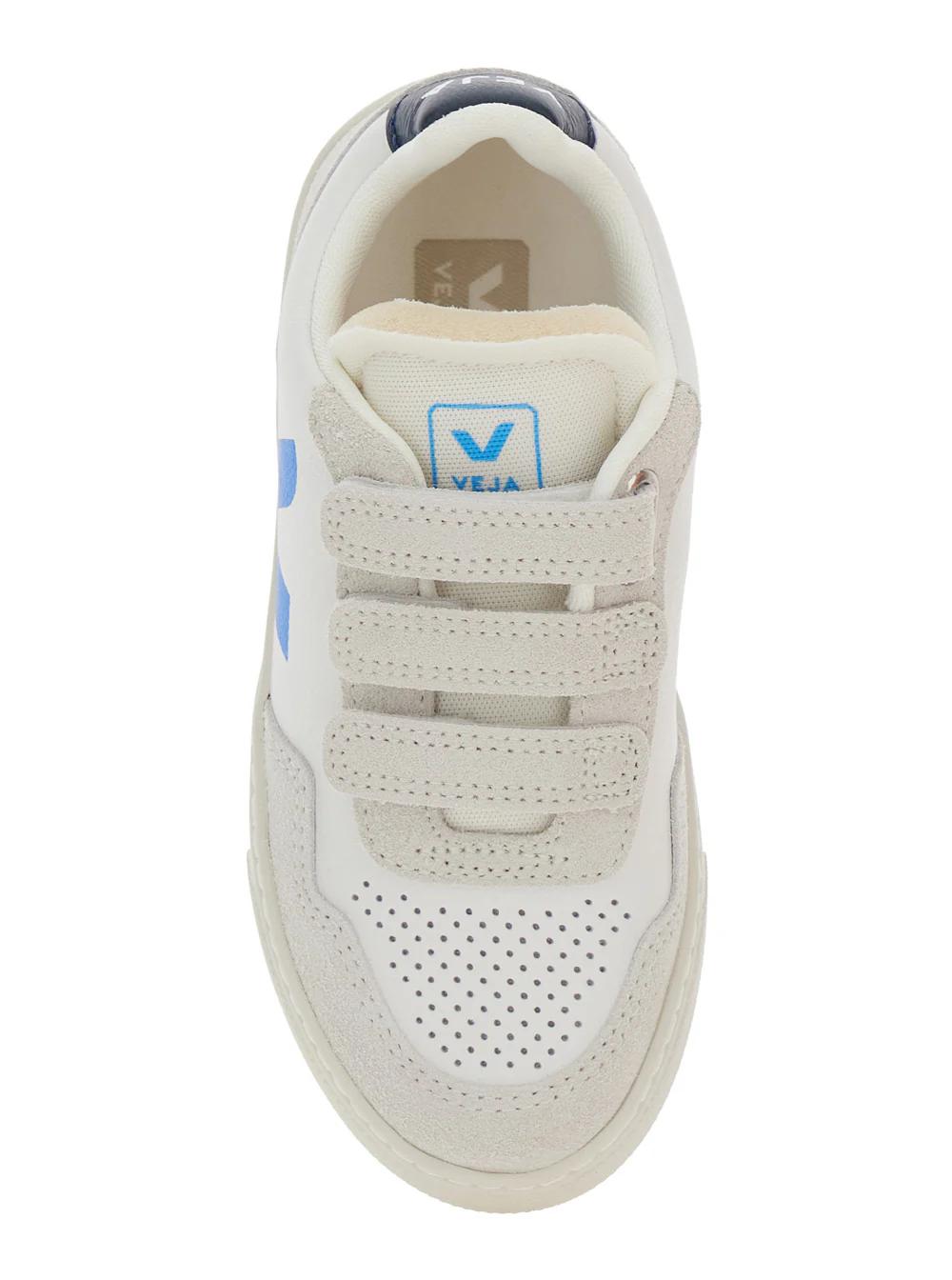Veja Kids V-90 White Low Top Sneakers with Logo Patch on the Side and Contrasting Heel Lettering in Leather Boy