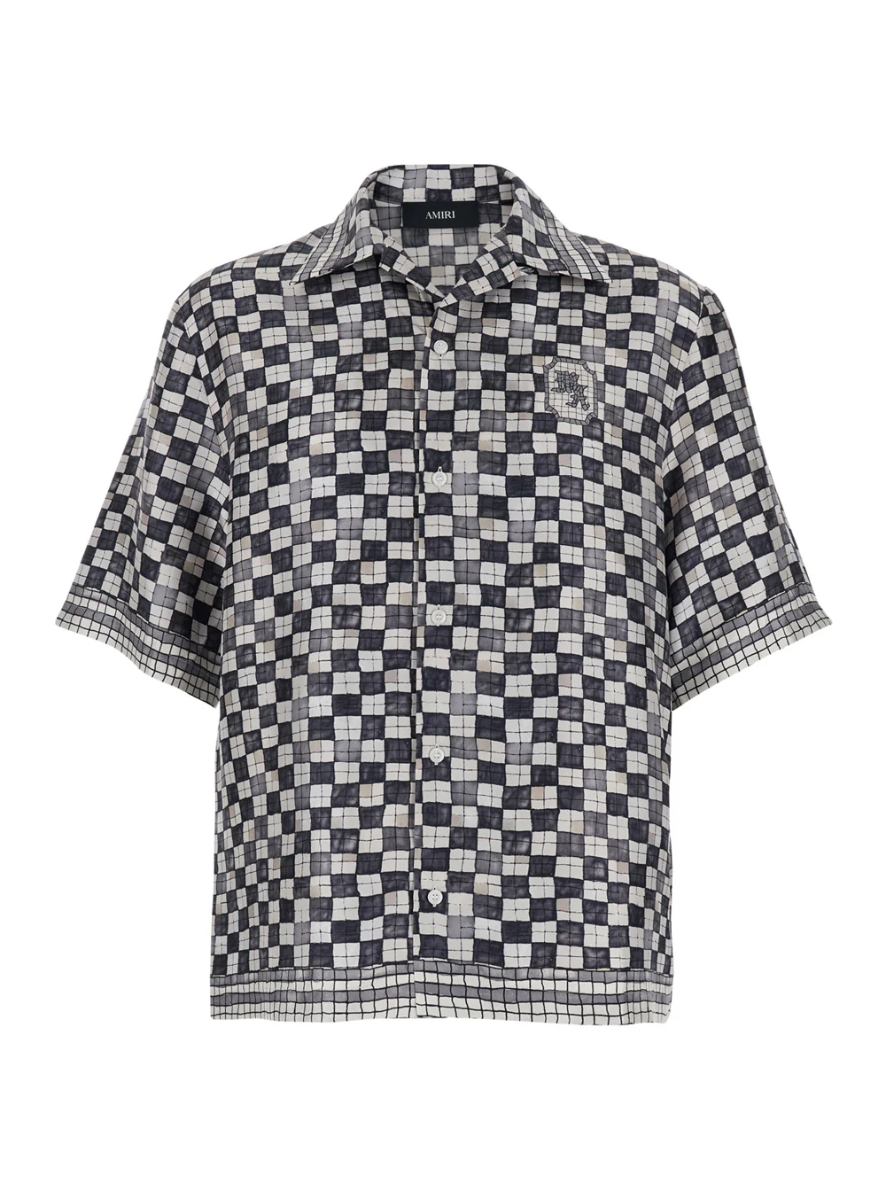 Amiri Silk Shirt with All-Over Check Motif and Logo Lettering on the Back Black Men Blouses