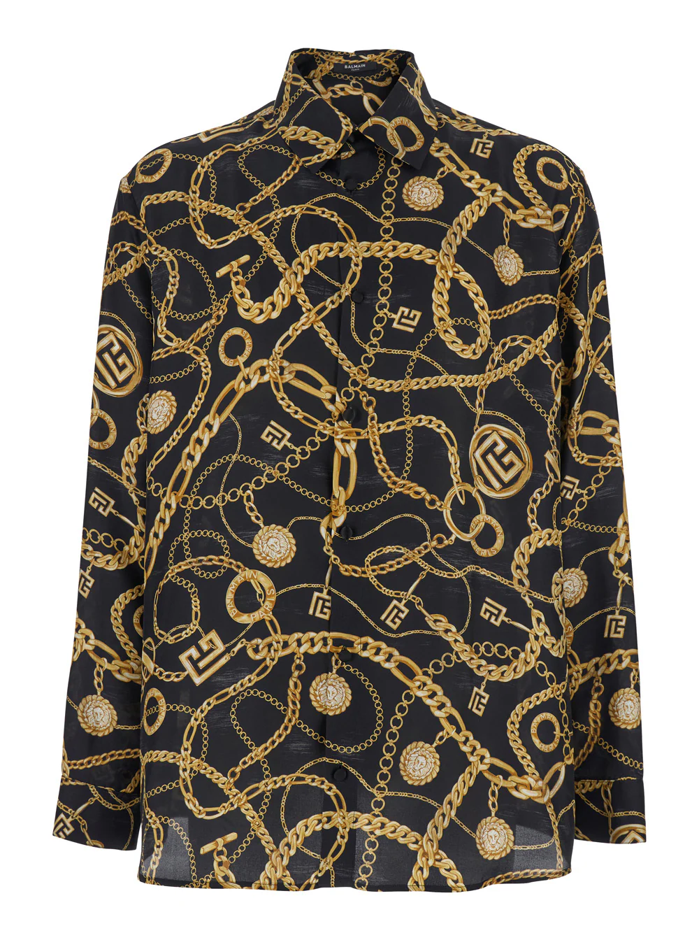 Balmain Black Shirt With Pointed Collar and Chain Print Logo in Silk Man Blouses
