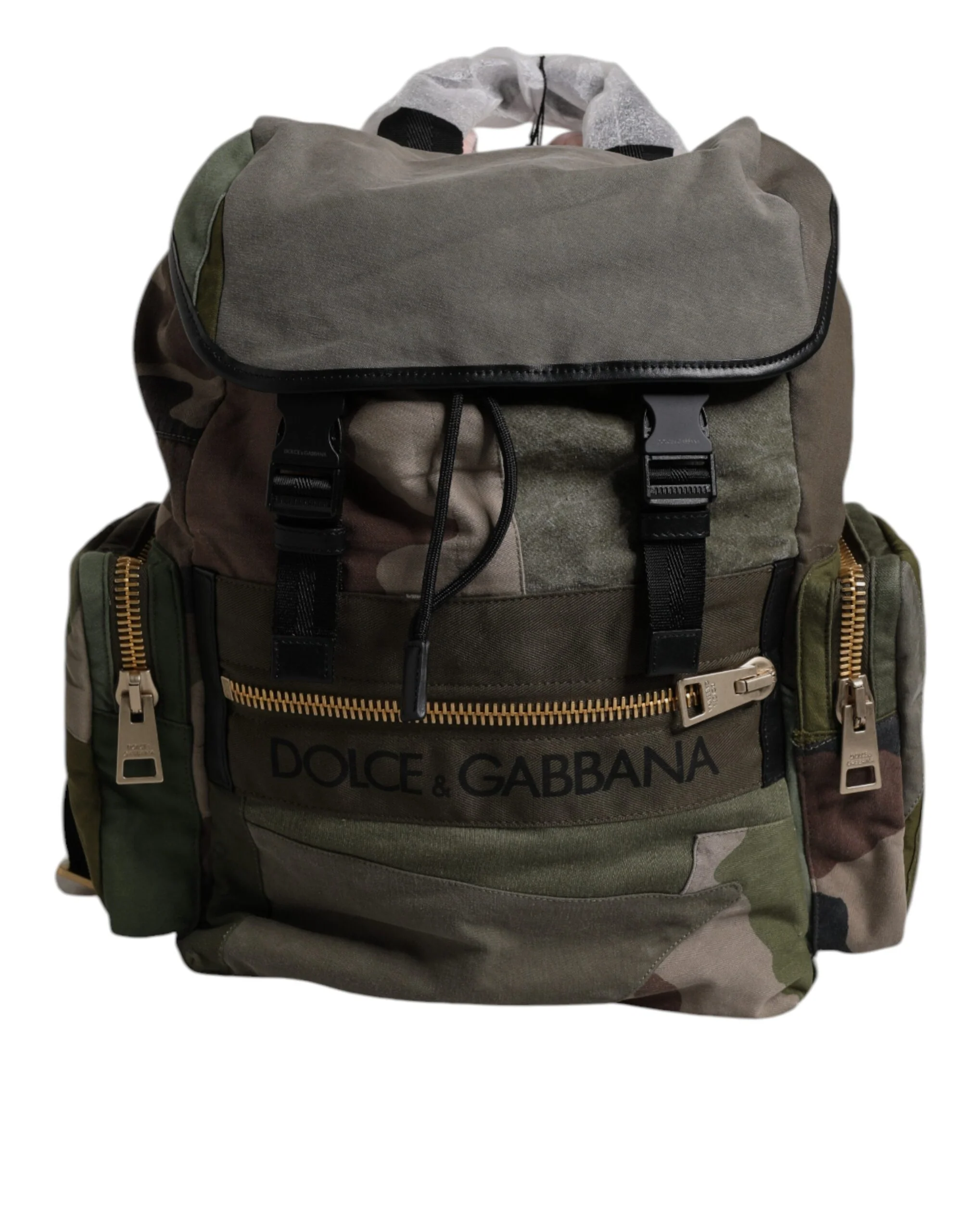 Dolce & Gabbana Military Green Patchwork School Backpack Bag Cotton Calf Leather Nylon