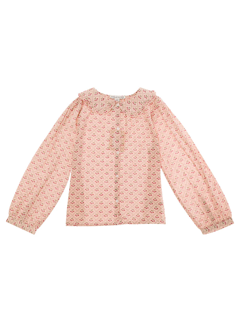 Emile Et Ida Kids Pink Shirt With Peter-Pan Collar And Cherry Print Cotton Girl Blouses