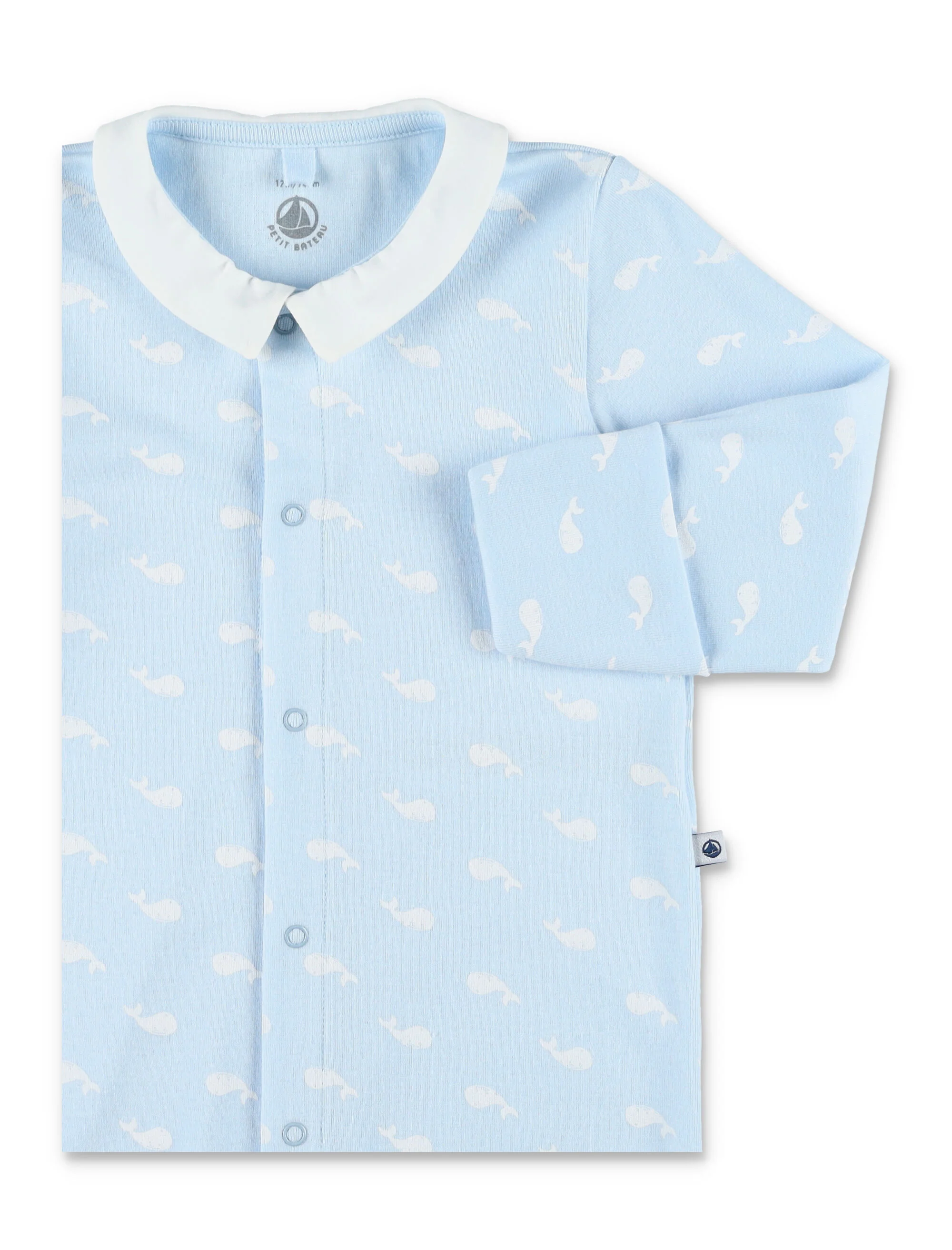 Petit Bateau Whale Print Cotton Baby Pyjama Light Blue Jumpsuit