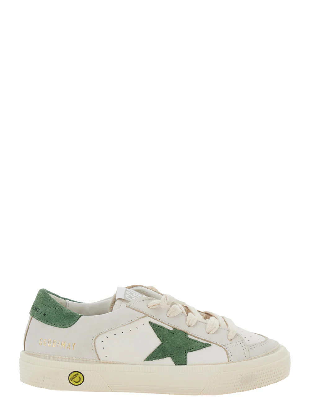 Golden Goose Kids May White Low Top Sneakers with Star Patch on the Side and Contrasting Heel Logo Lettering in Leather Boy Goat Cow