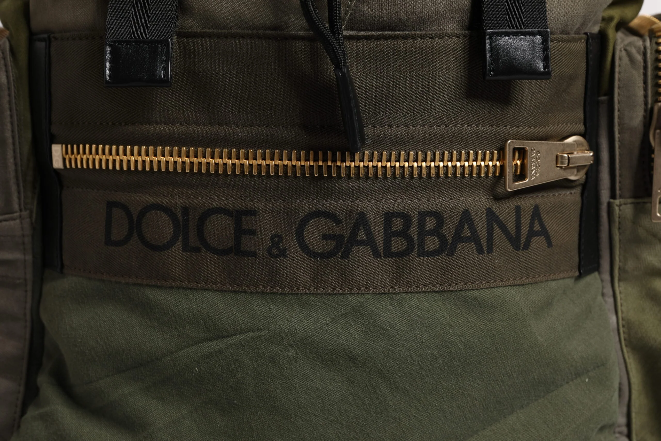 Dolce & Gabbana Military Green Patchwork Travel Backpack Bag Cotton Calf Leather Nylon