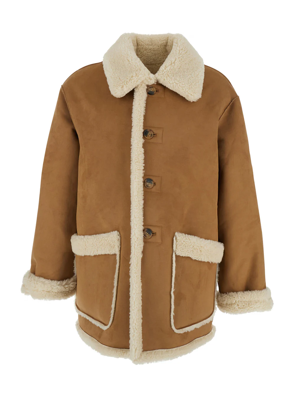Dunst Beige Reversible Shearling Jacket with Classic Collar and Two Front Patch Pockets in Ecofur Man Polyester Furs