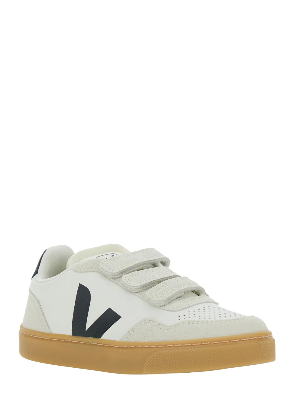 Veja Kids Sneaker V-90 Low Top with Logo Patch on the Side and Contrast Heel Leather Lettering for Kids White Organic Traced