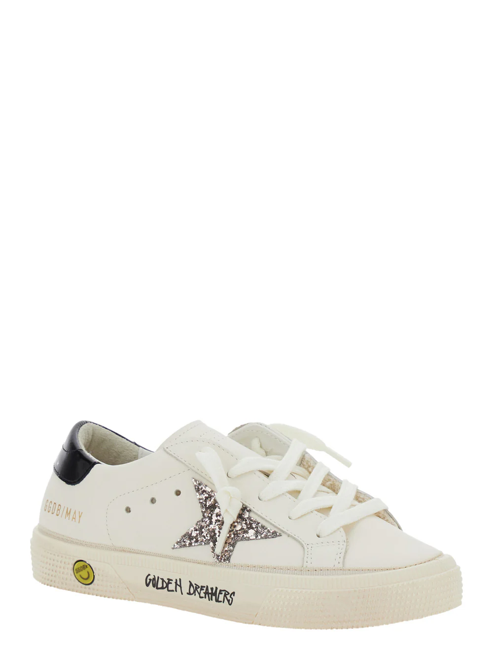 Golden Goose Kids May White Low Top Sneakers with Glittered Star Patch and Contrasting Heel Logo Lettering in Leather Girl Cow