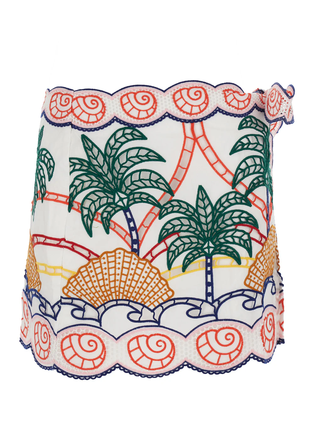 Farm Rio White Skirt with Side Knot Closure and All-Over Tropical Embroidery for Women Cotton