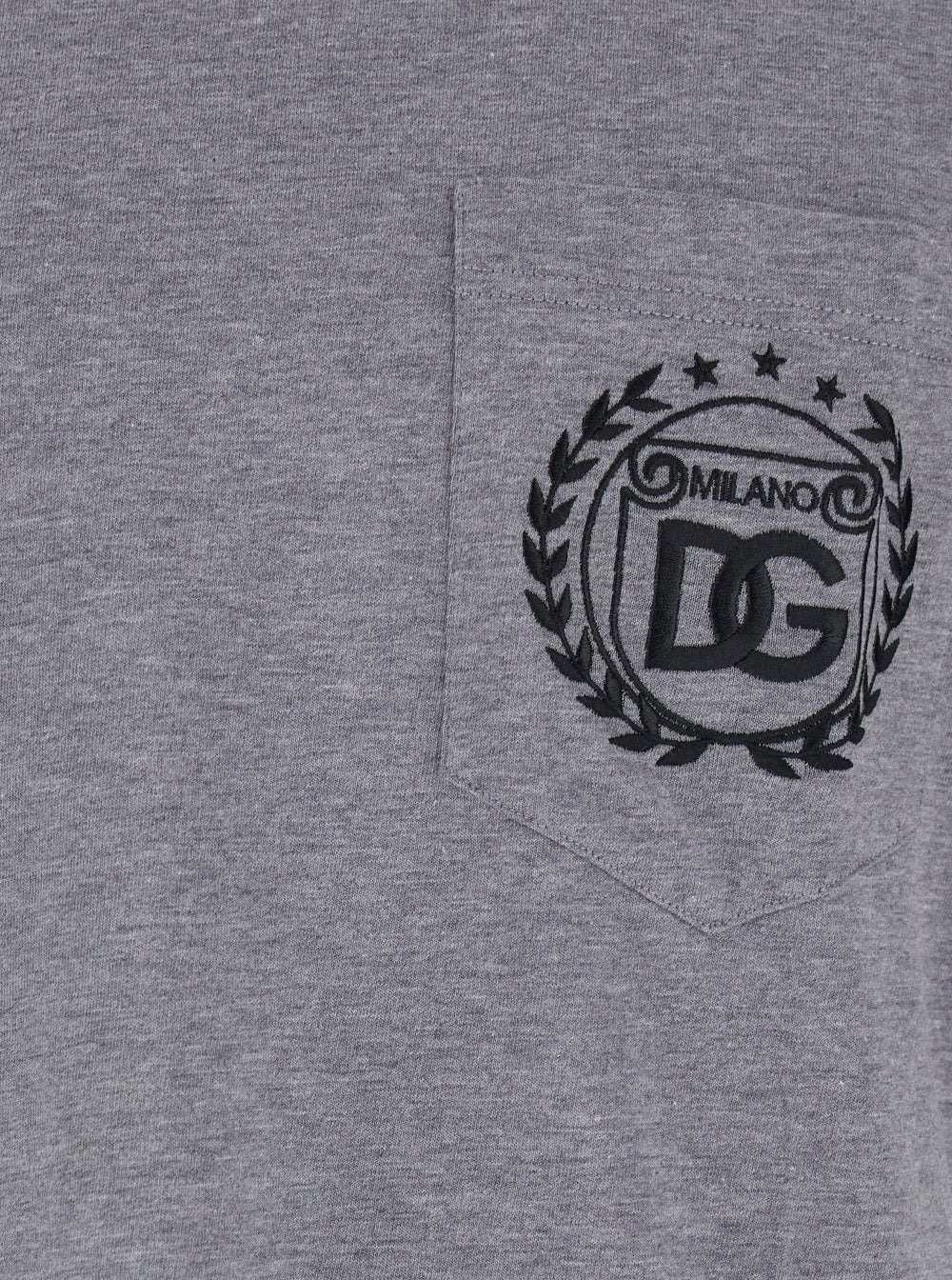 Dolce & Gabbana Grey Crewneck T-Shirt with Logo Embroidery on the Front in Cotton Man Tshirts And Polo Shirts