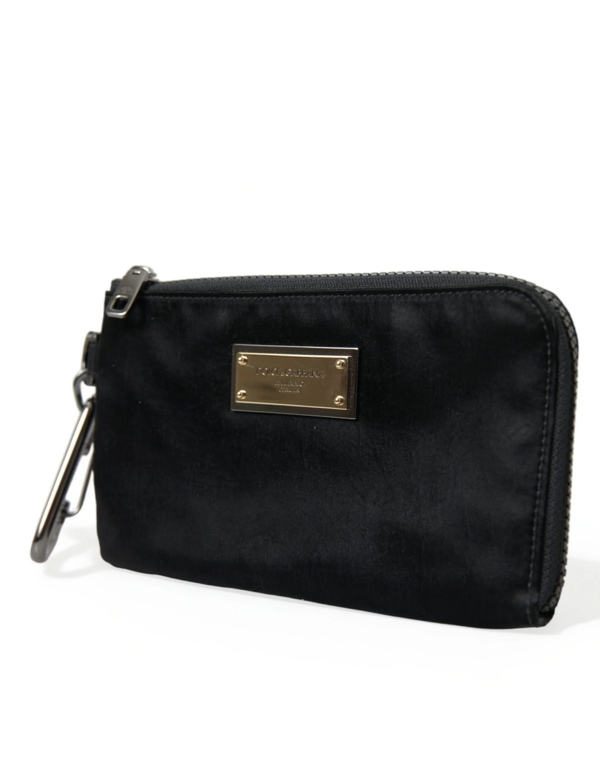 Dolce & Gabbana Black Nylon Logo Plaque Keyring Pouch Clutch Bags Leather
