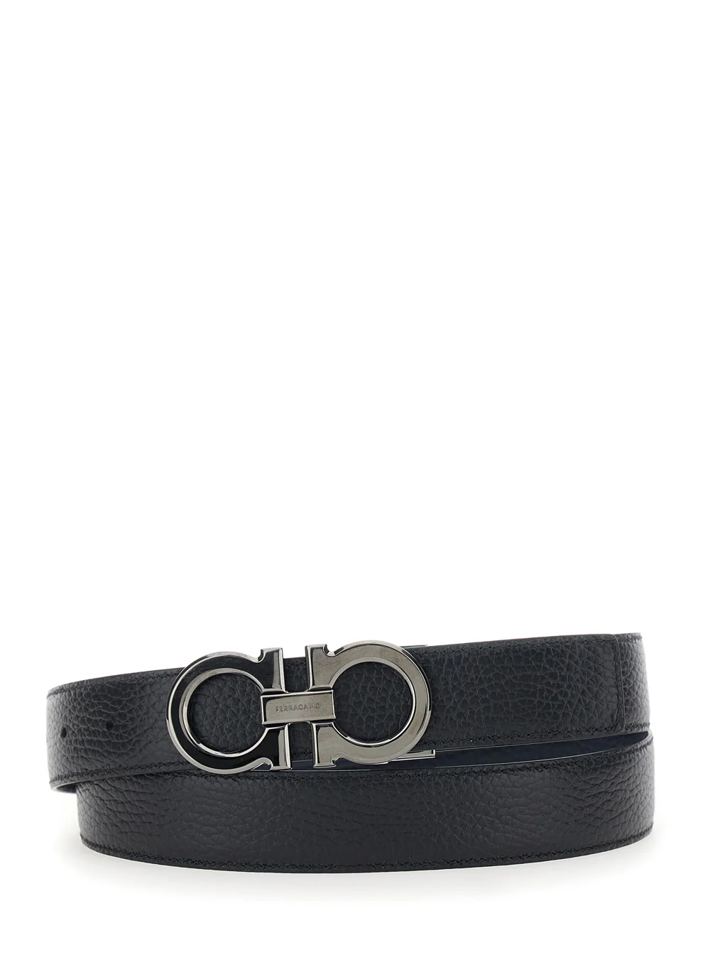 Ferragamo Blue Reversible Belt with Gancini Buckle in Grained Leather Man Blu Calf