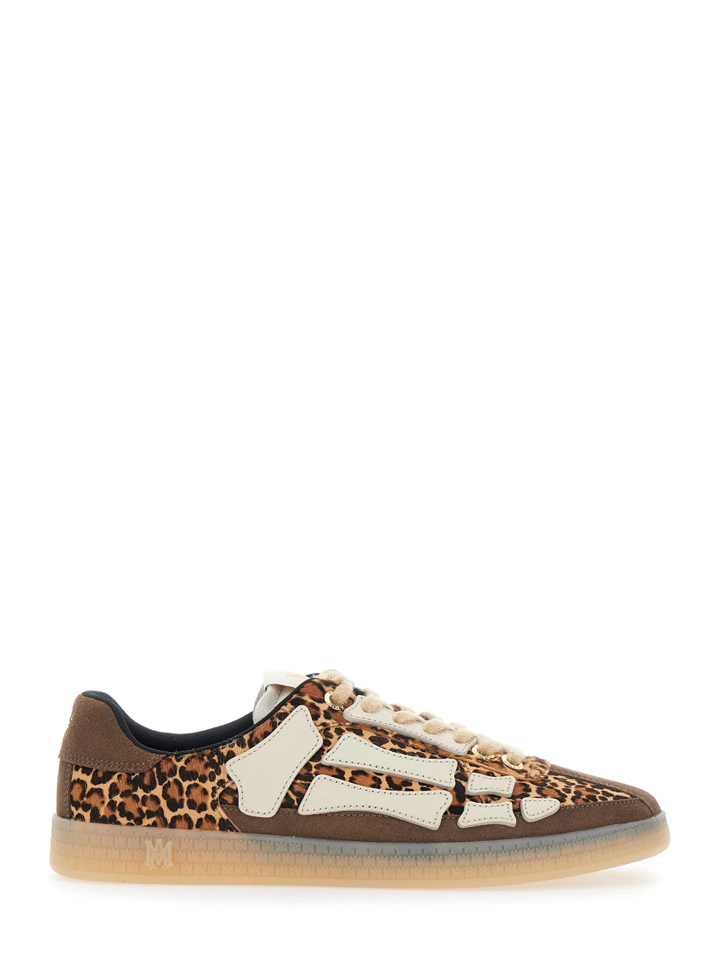 Amiri Pacific Bones Brown Low Top Sneakers with Logo Patch on the Tongue and Leopard Motif in Suede for Men Cow