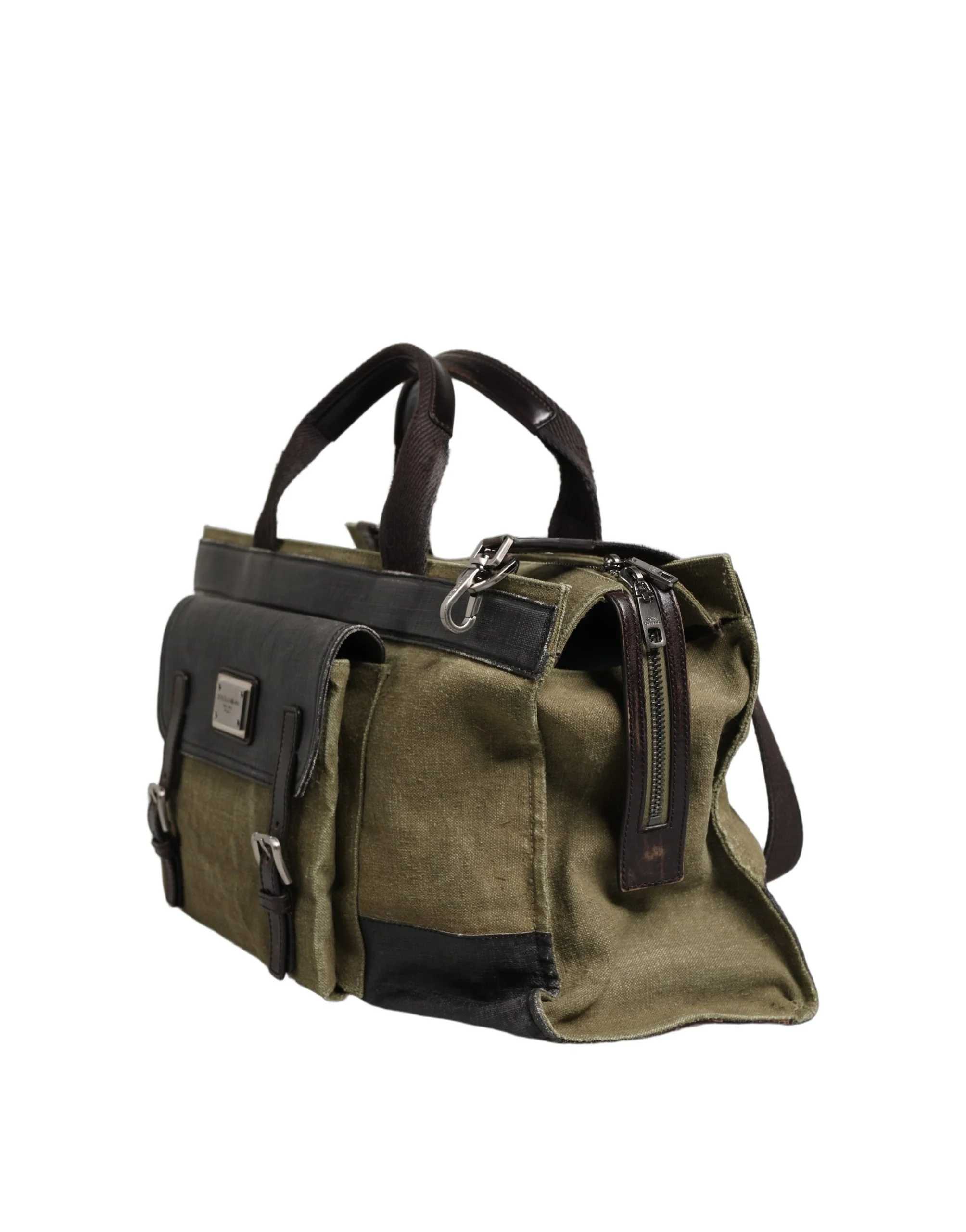 Dolce & Gabbana Military Green Two Tone Tote Duffel Shoulder Borse Bag Dark Leather