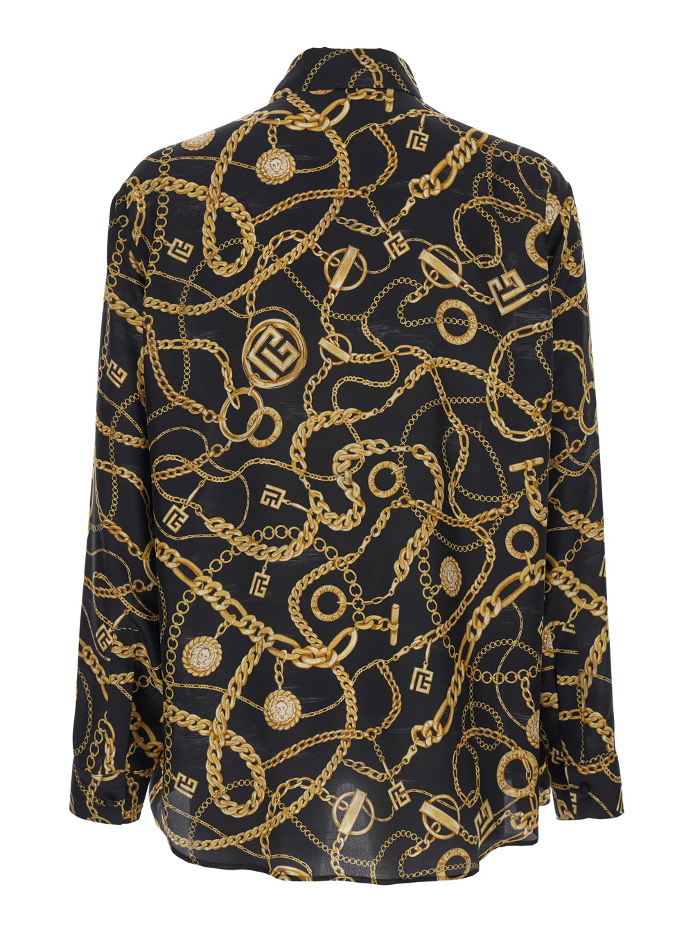 Balmain Black Shirt With Pointed Collar and Chain Print Logo in Silk Man Blouses