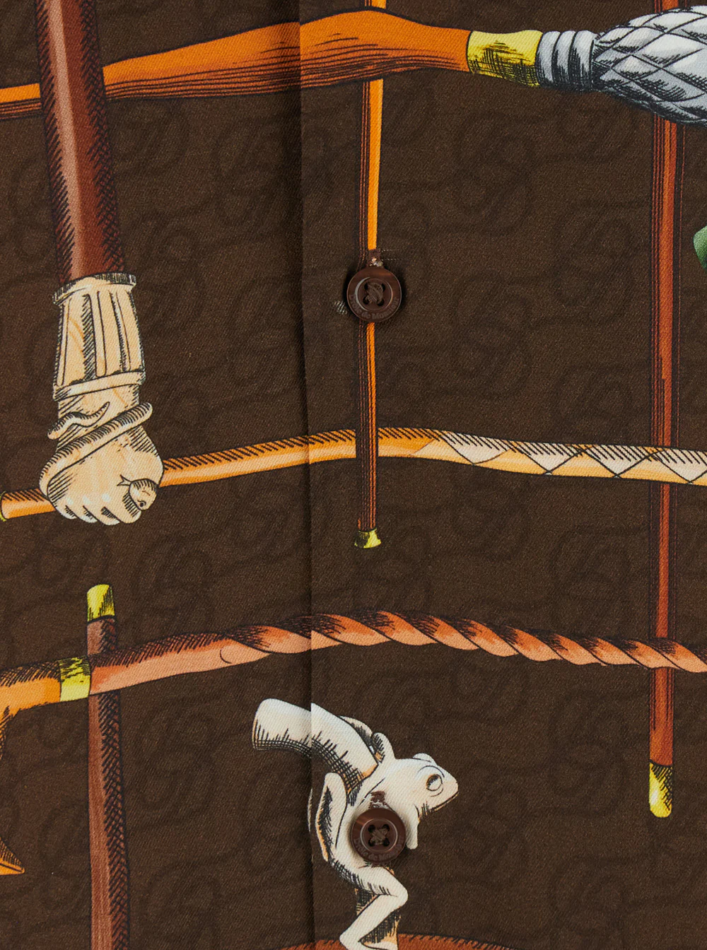 DrôLe De Monsieur La Chemise Cannes Brown Bowling Shirt With Cuban Collar And All-Over Print Viscose For Men Blouses