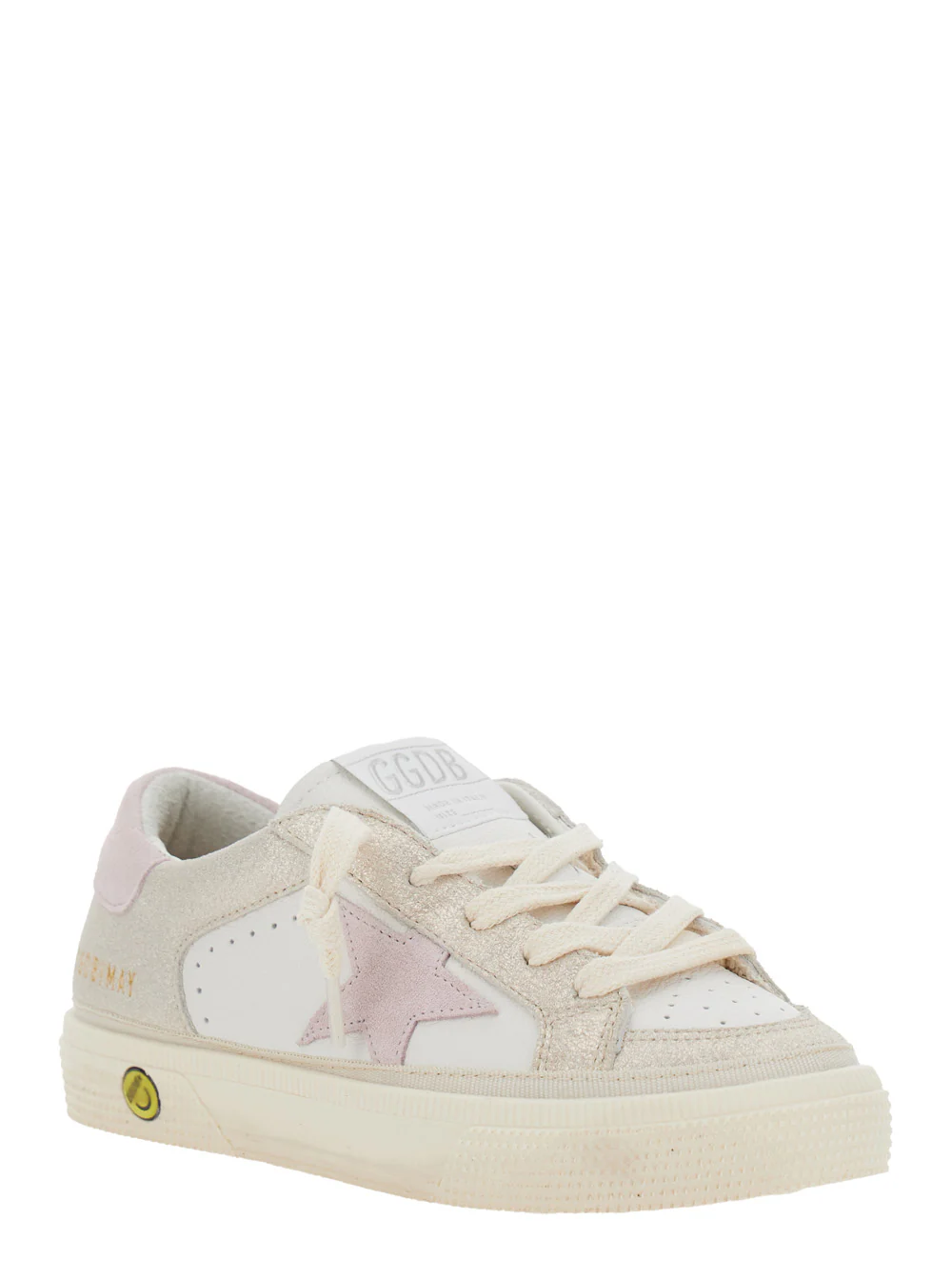 Golden Goose Kids May White Low Top Sneakers with Logo on the Tongue and Star Shaped Detail Side in Leather Girl Goat Cow