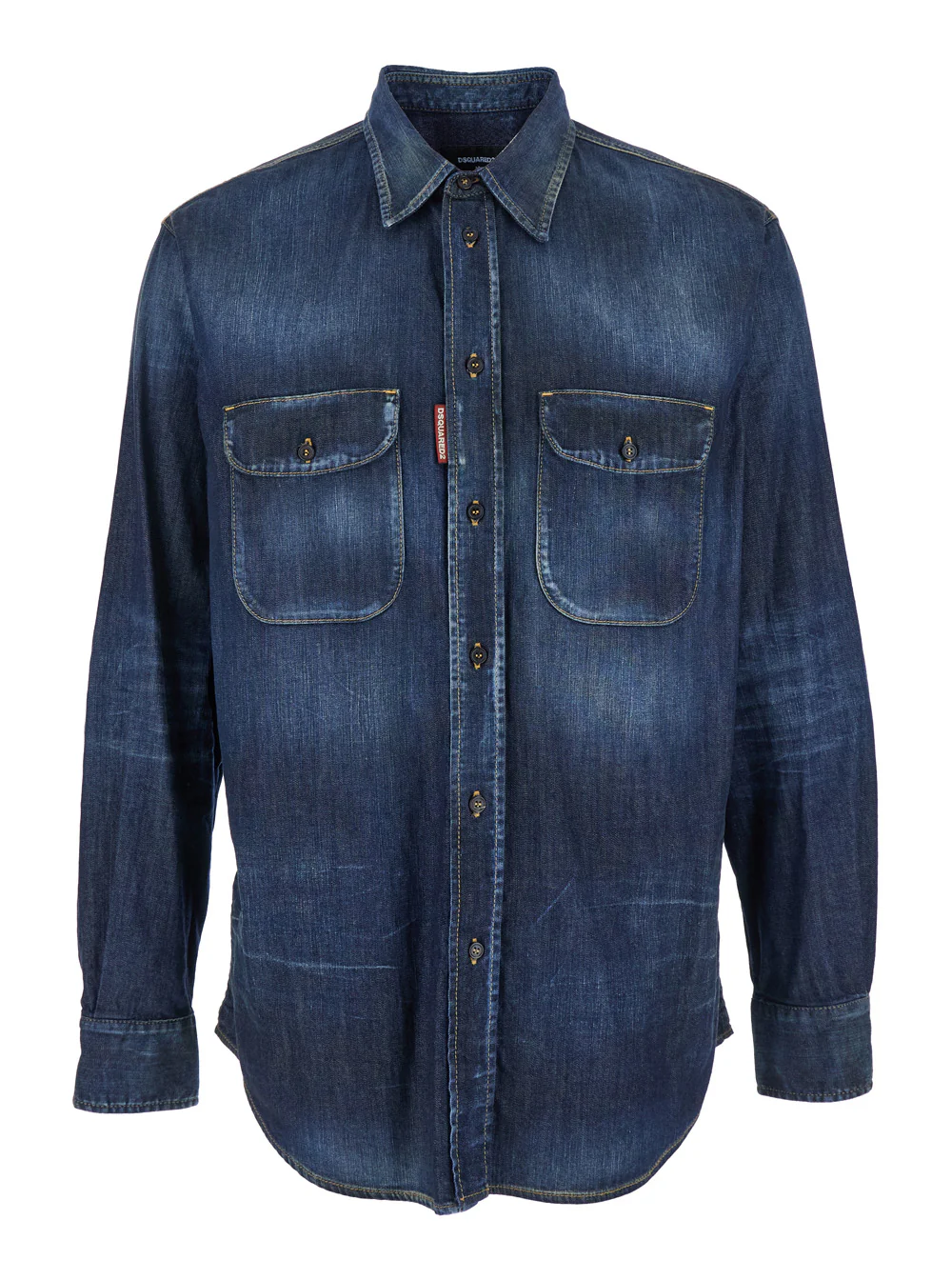 Dsquared2 Blue Shirt with Pointed Collar and Elbow Patches in Denim Man Blu Cotton Elastane Blouses